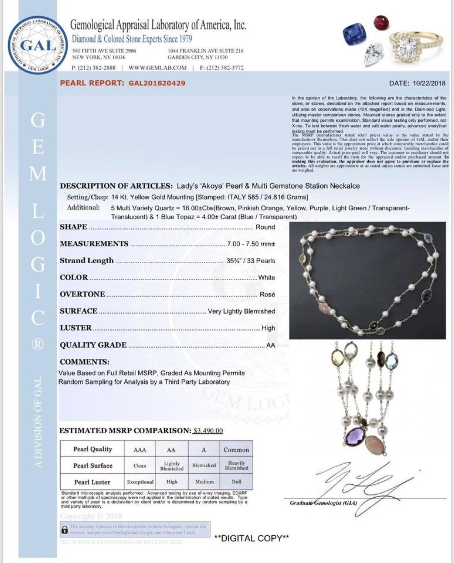 Pearl Quartz Topaz Necklace 14 Karat Gold Italy Certified In New Condition For Sale In Brooklyn, NY