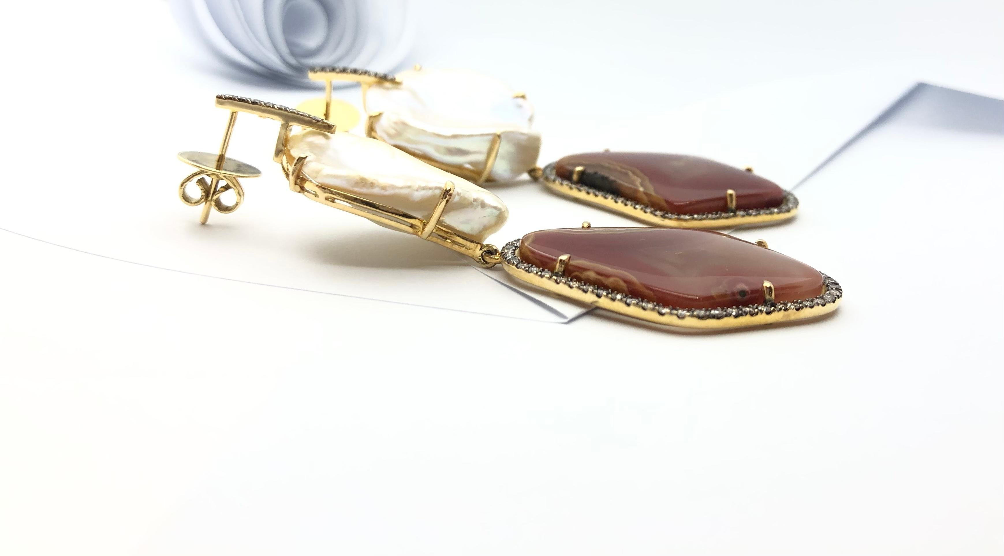 Pearl, Quartz with Brown Diamond Earrings Set in 18 Karat Gold Settings For Sale 4