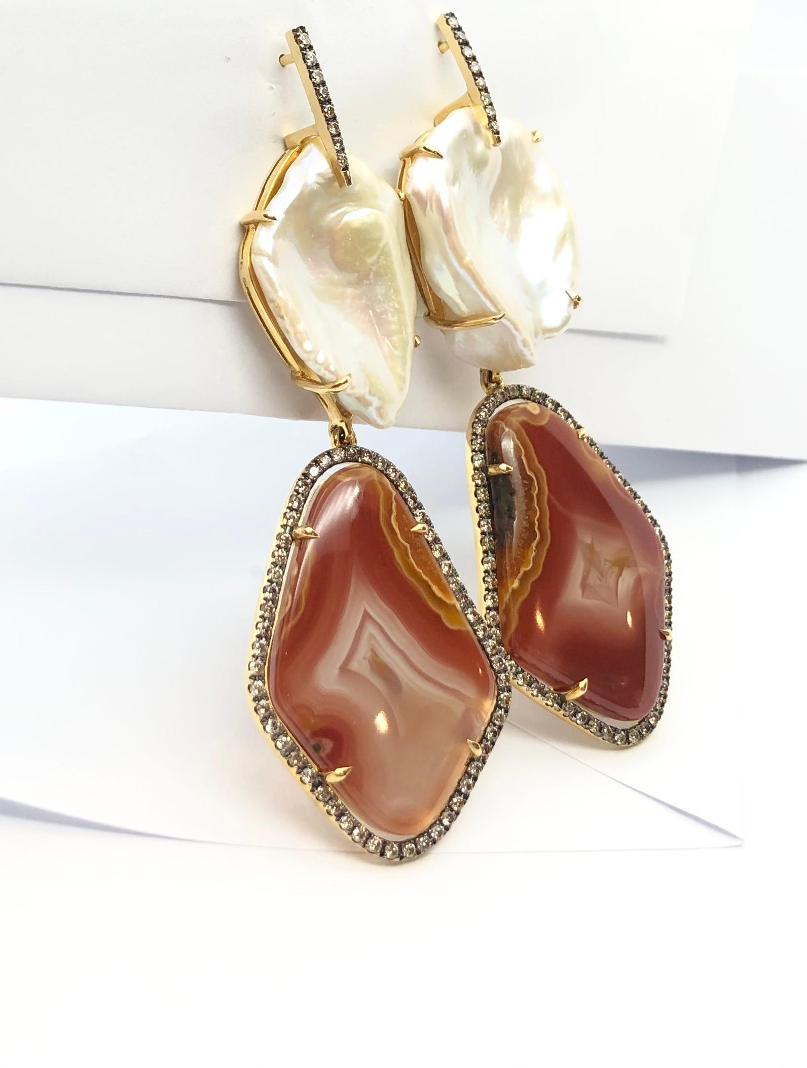 Pearl, Quartz with Brown Diamond Earrings Set in 18 Karat Gold Settings For Sale 5