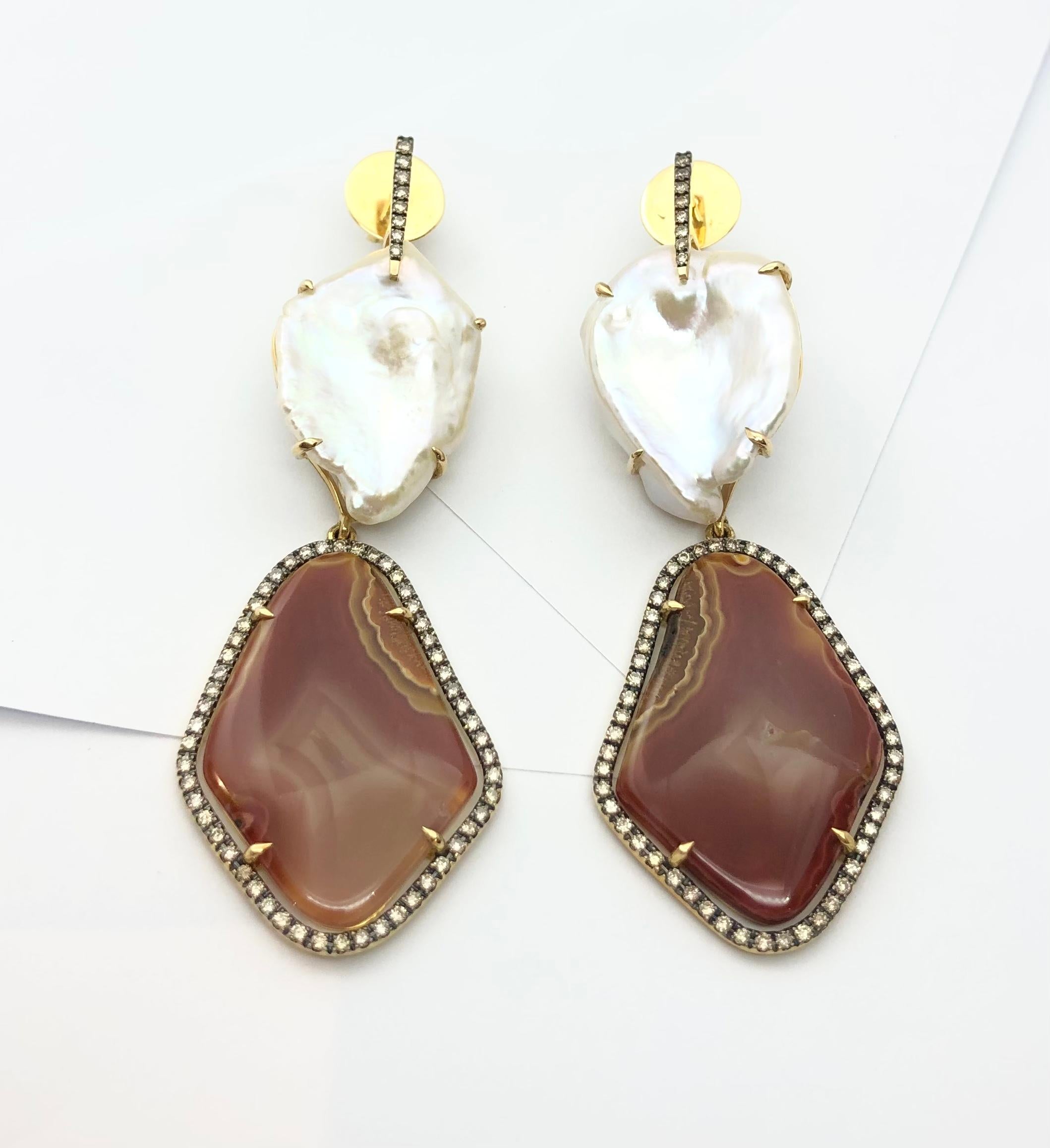 Pearl, Quartz with Brown Diamond Earrings Set in 18 Karat Gold Settings For Sale 6
