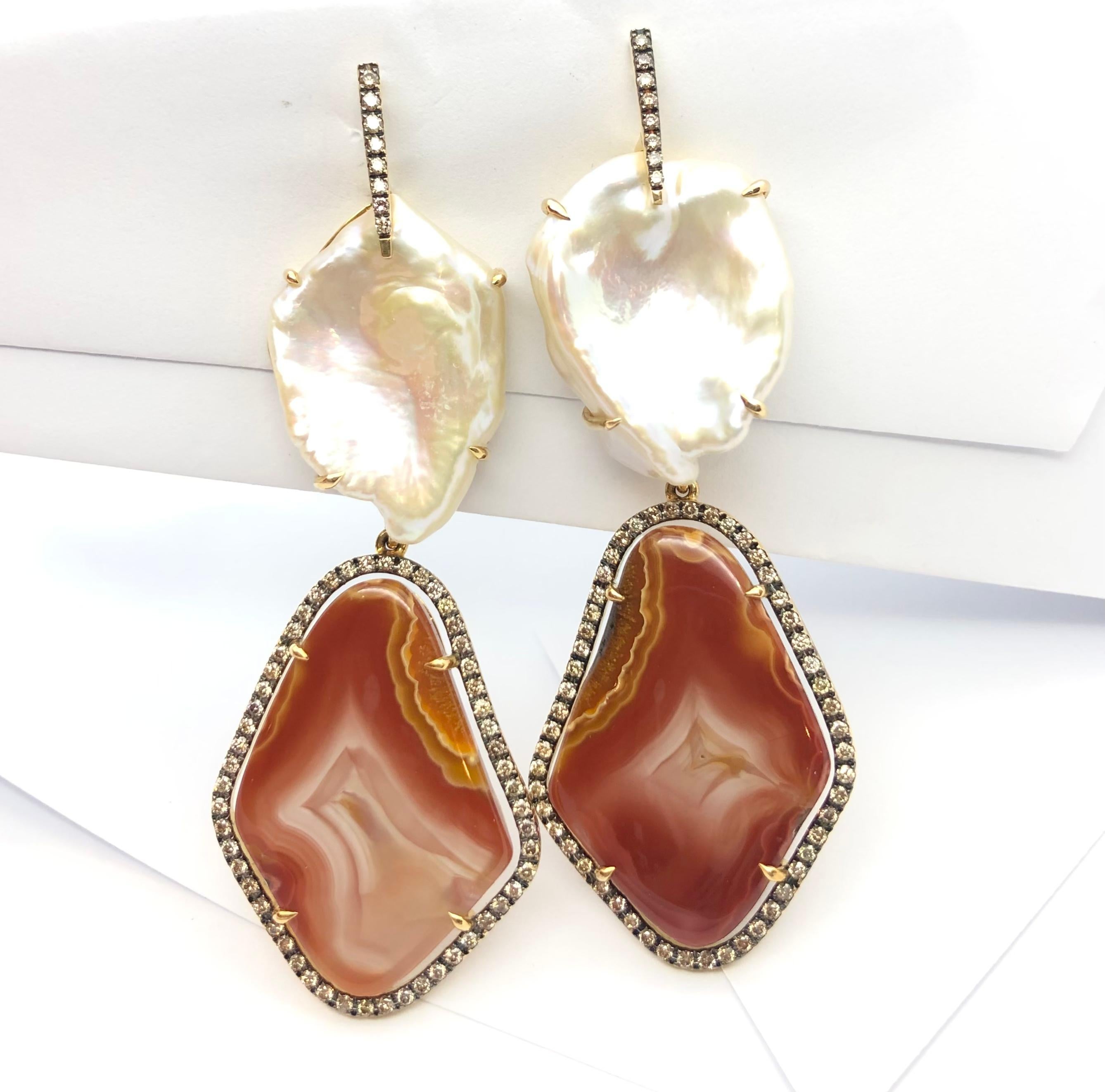 Women's Pearl, Quartz with Brown Diamond Earrings Set in 18 Karat Gold Settings For Sale
