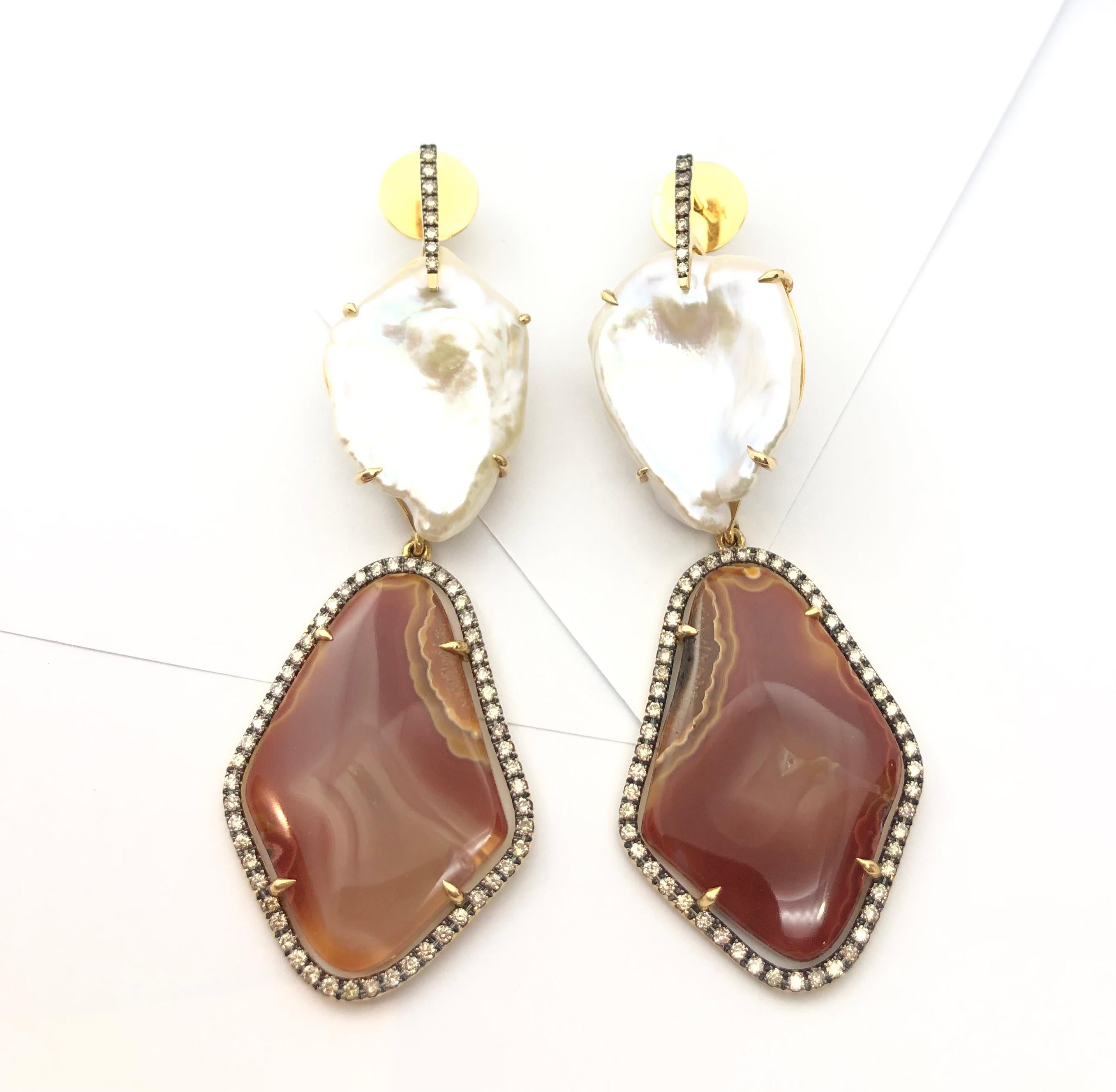 Pearl, Quartz with Brown Diamond Earrings Set in 18 Karat Gold Settings For Sale 1