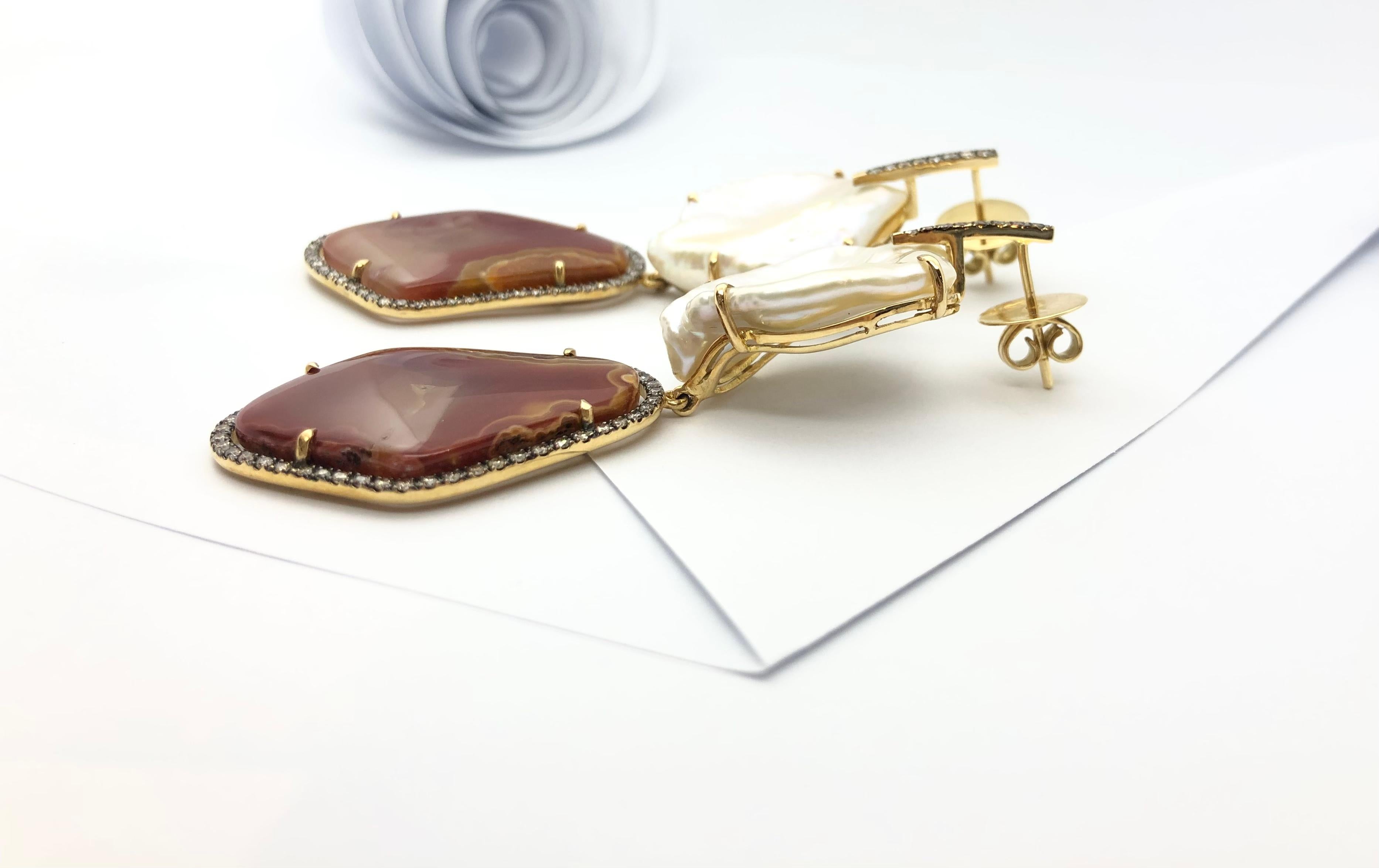 Pearl, Quartz with Brown Diamond Earrings Set in 18 Karat Gold Settings For Sale 2