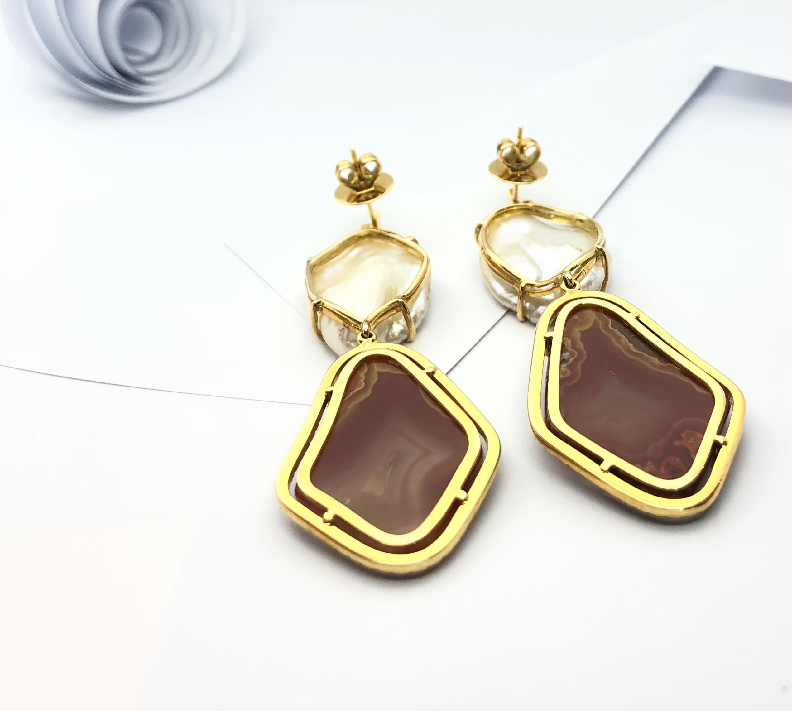 Pearl, Quartz with Brown Diamond Earrings Set in 18 Karat Gold Settings For Sale 3
