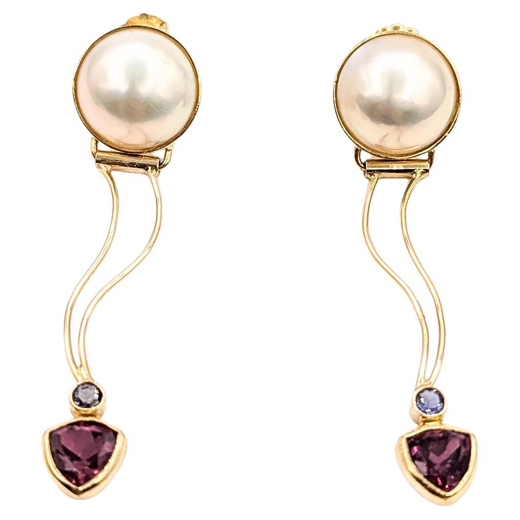 Orecchini con perle, granato lampone e tanzanite in oro giallo 14 carati