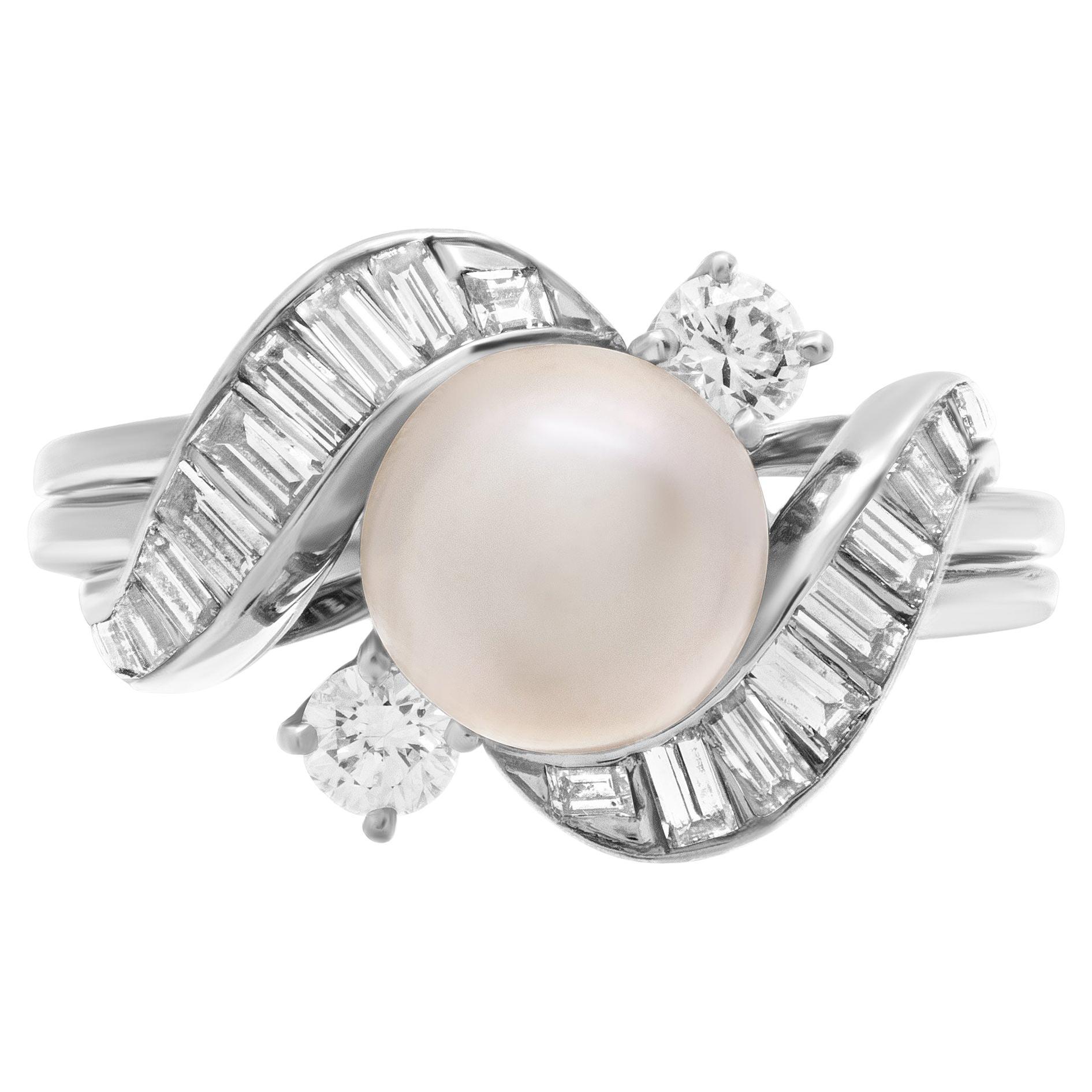 Pearl Ring with Diamond Accents in Platinum For Sale