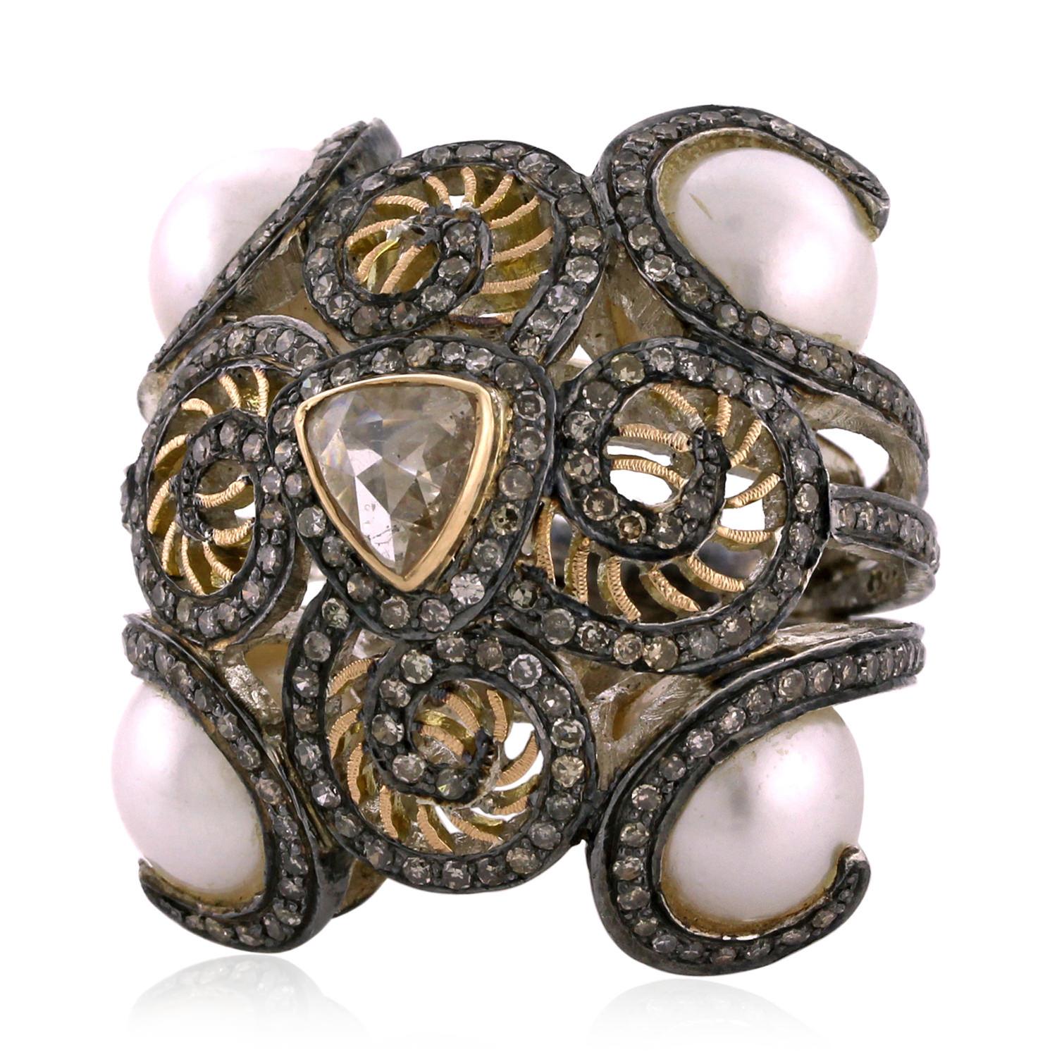 Mixed Cut Pearl Ring with Filgree Design & Pave Diamonds Made in 14k Gold & Silver For Sale