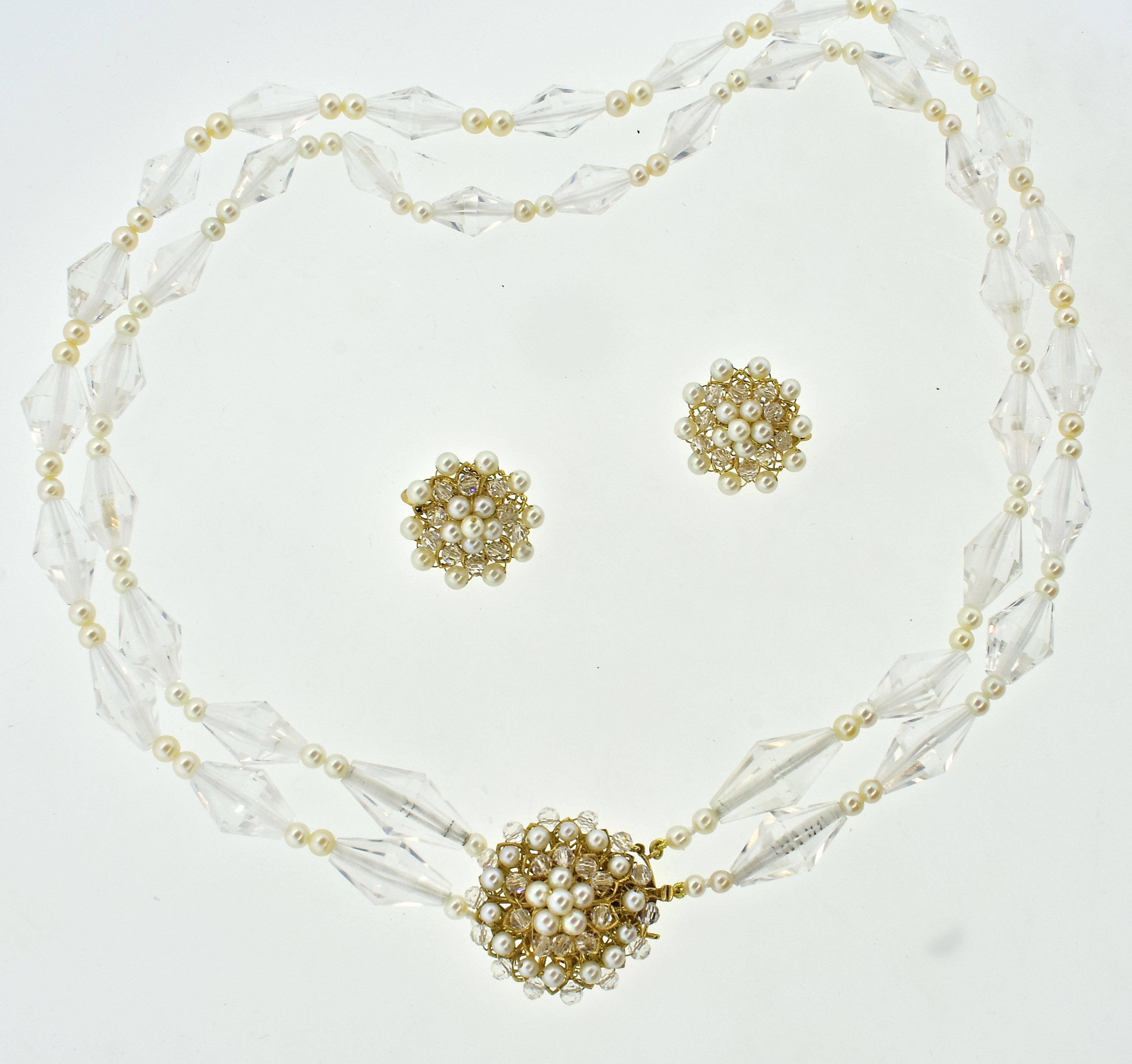 Artisan Pearl, Rock Crystal and Yellow Gold Necklace and Earring Set