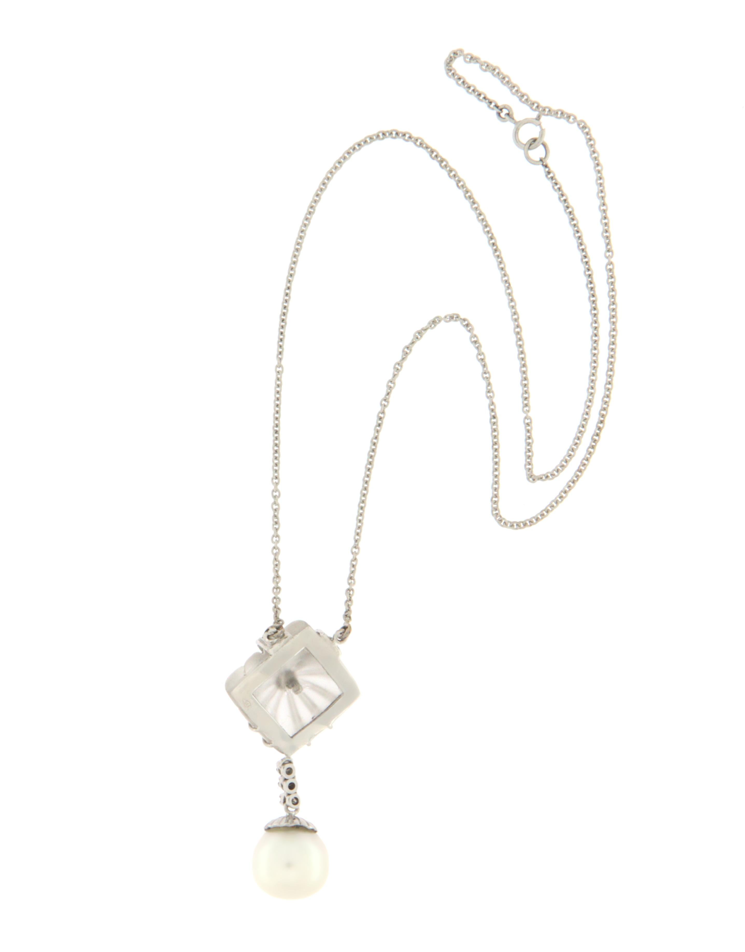 Artisan Pearl Rock Crystal Diamonds 18 Karat White Gold Pendant Necklace For Sale