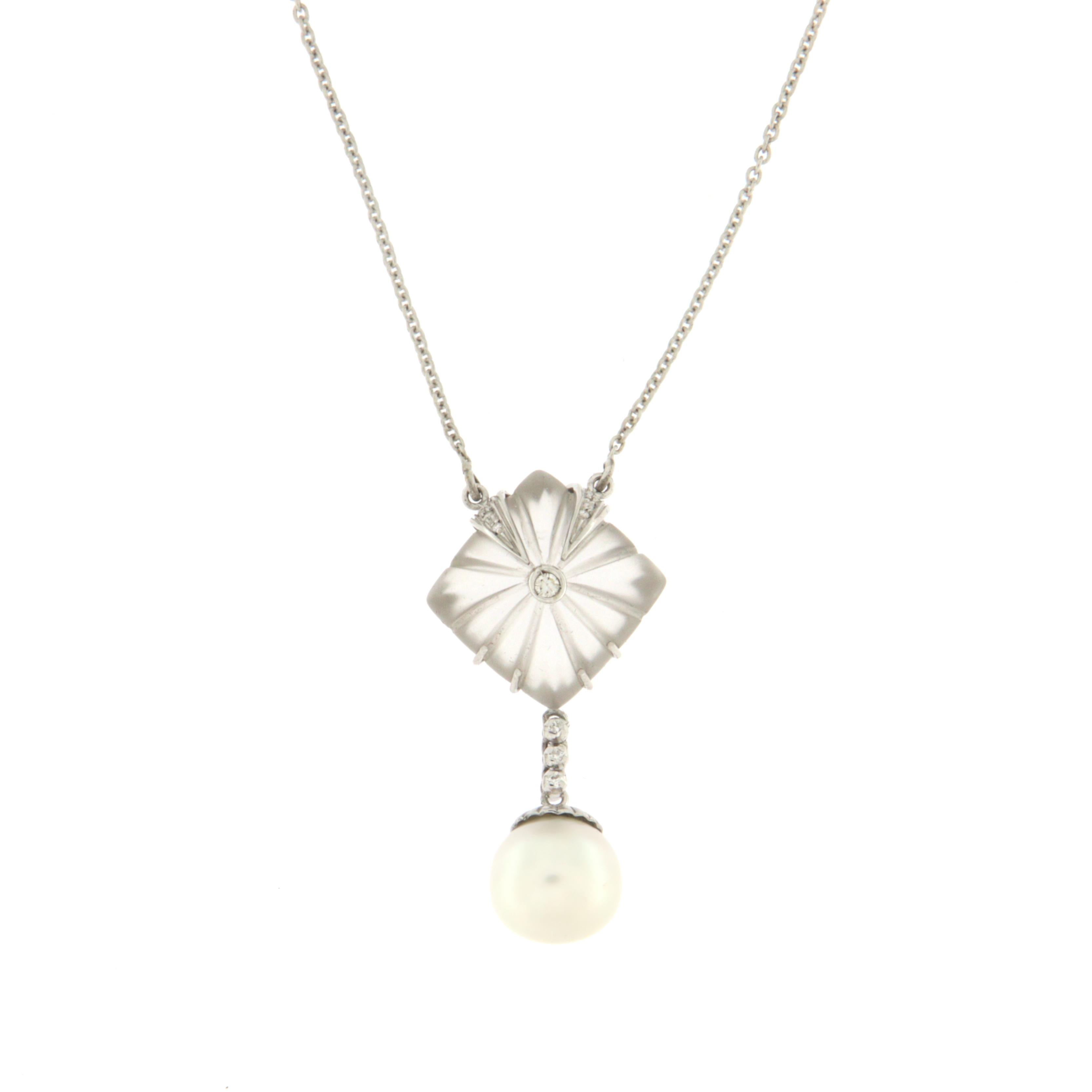 Brilliant Cut Pearl Rock Crystal Diamonds 18 Karat White Gold Pendant Necklace For Sale