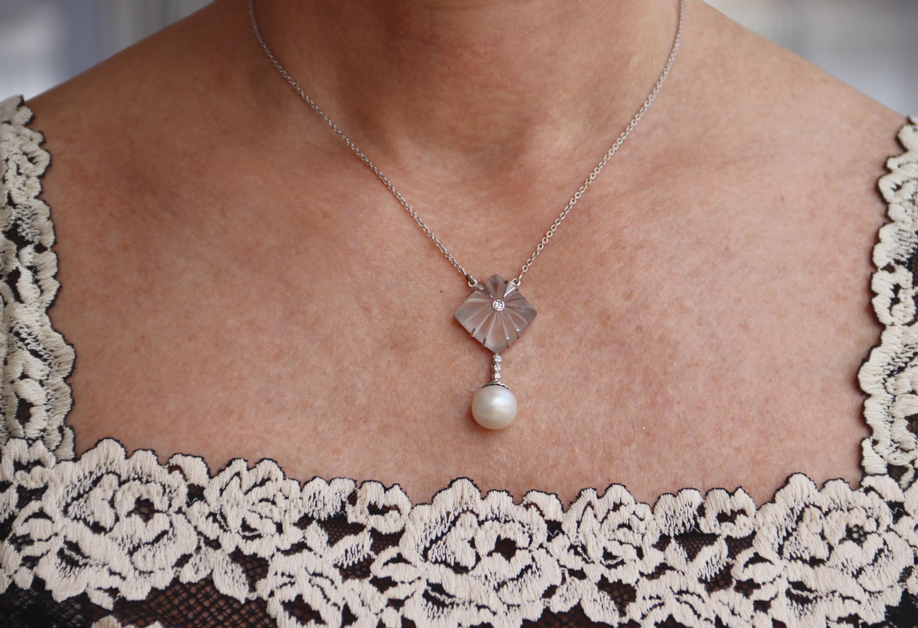 Women's Pearl Rock Crystal Diamonds 18 Karat White Gold Pendant Necklace For Sale