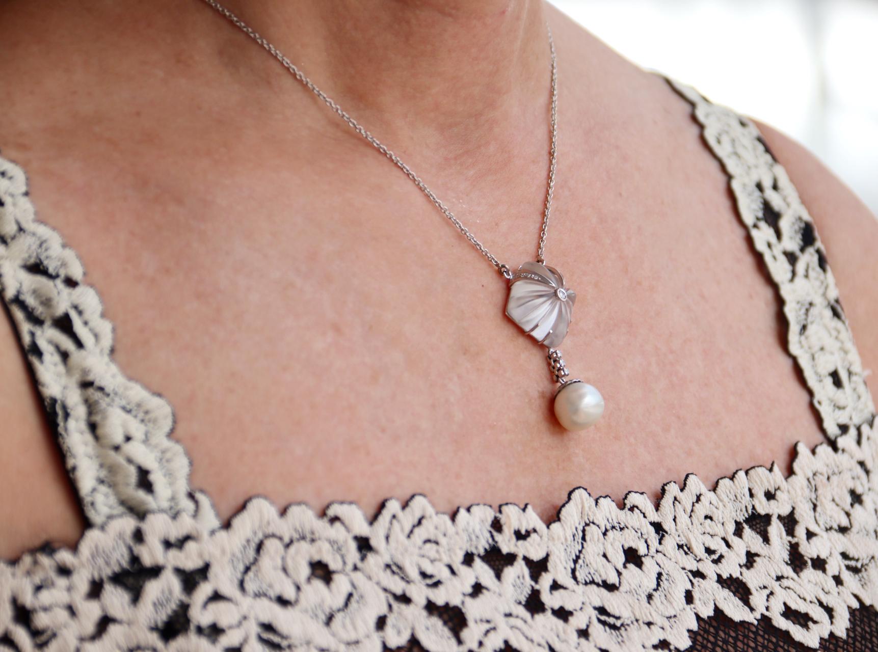 Pearl Rock Crystal Diamonds 18 Karat White Gold Pendant Necklace For Sale 2