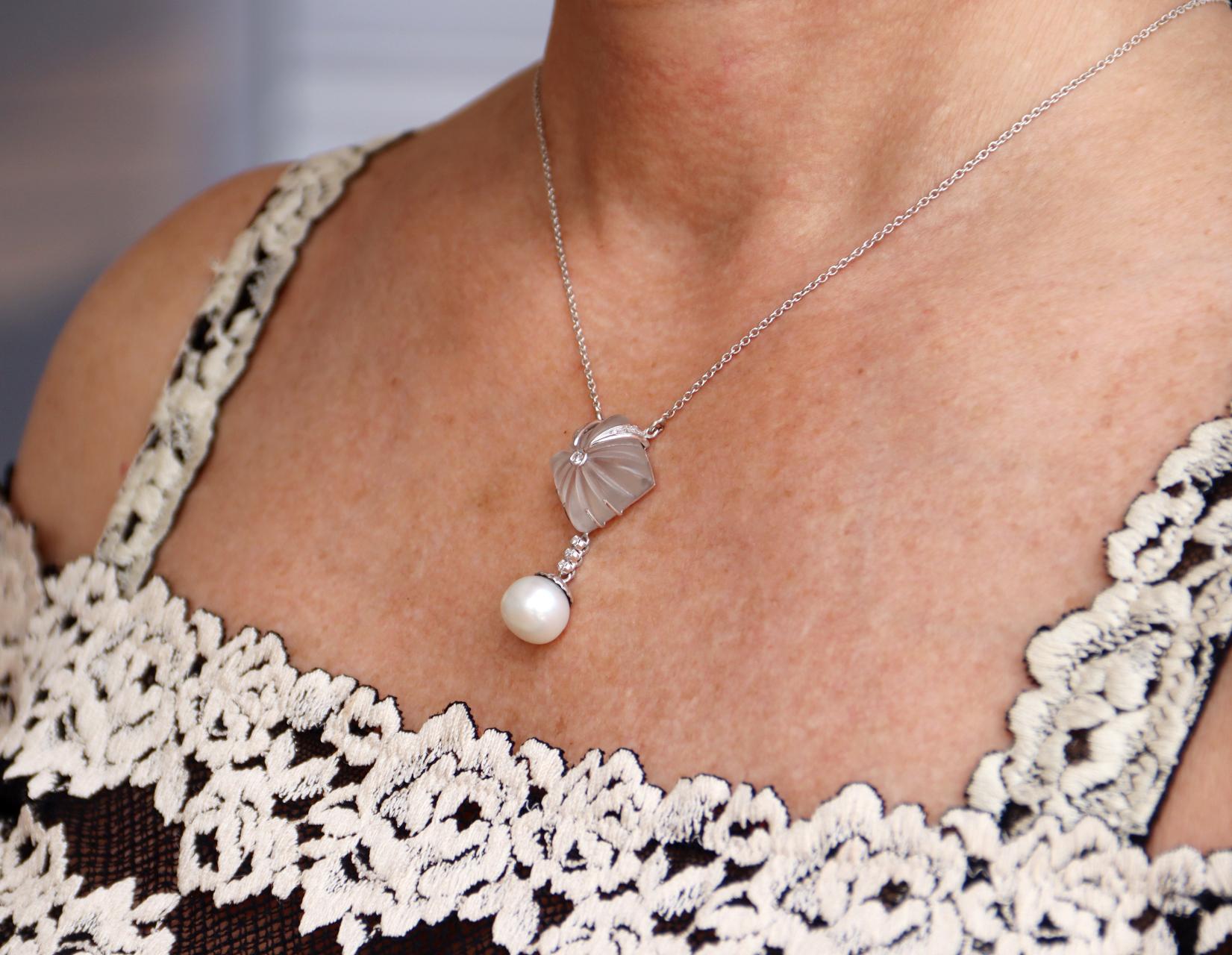 Pearl Rock Crystal Diamonds 18 Karat White Gold Pendant Necklace For Sale 3
