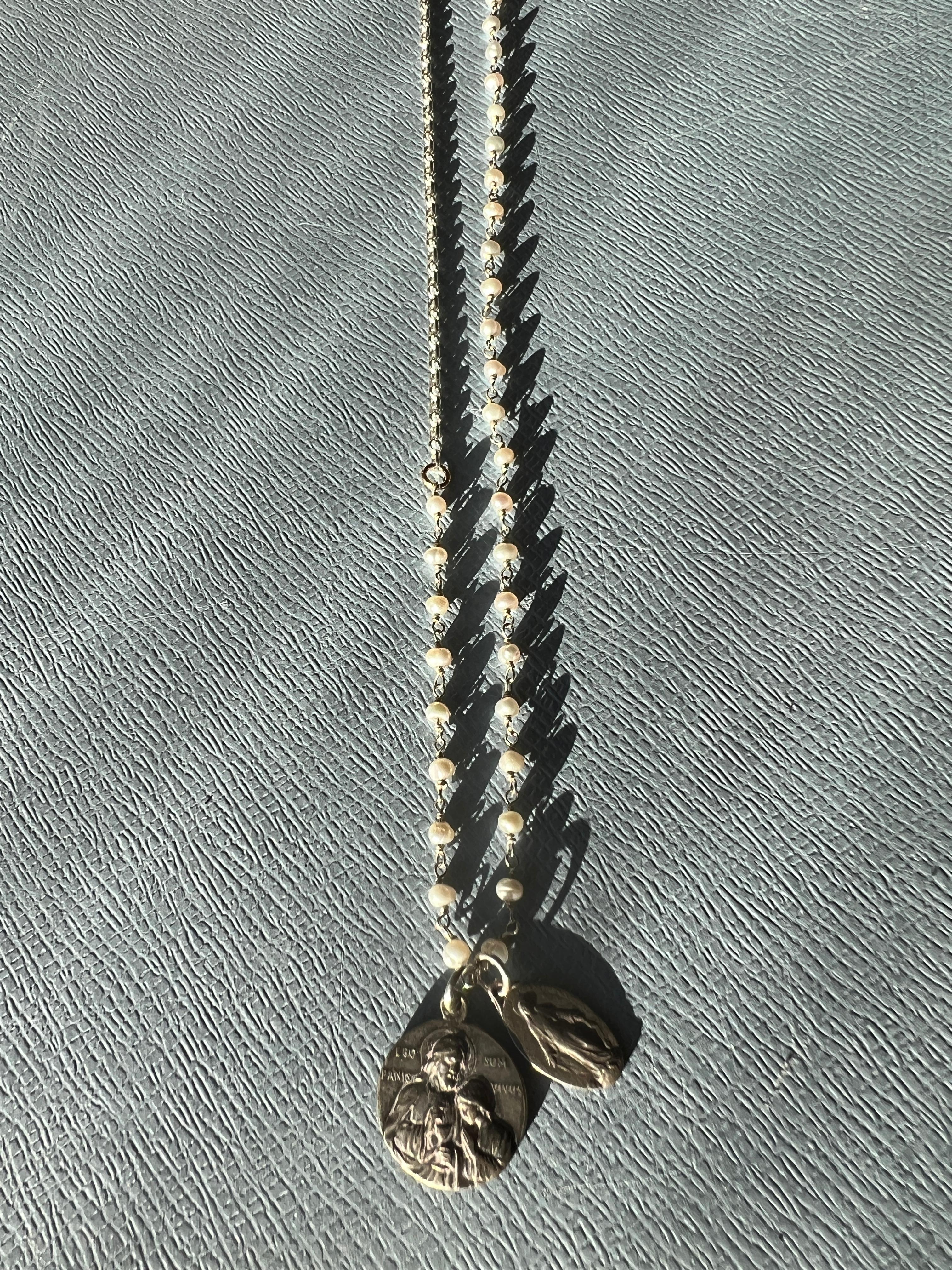 Round Cut Pearl Rosario Chain Necklace Virgin Mary French