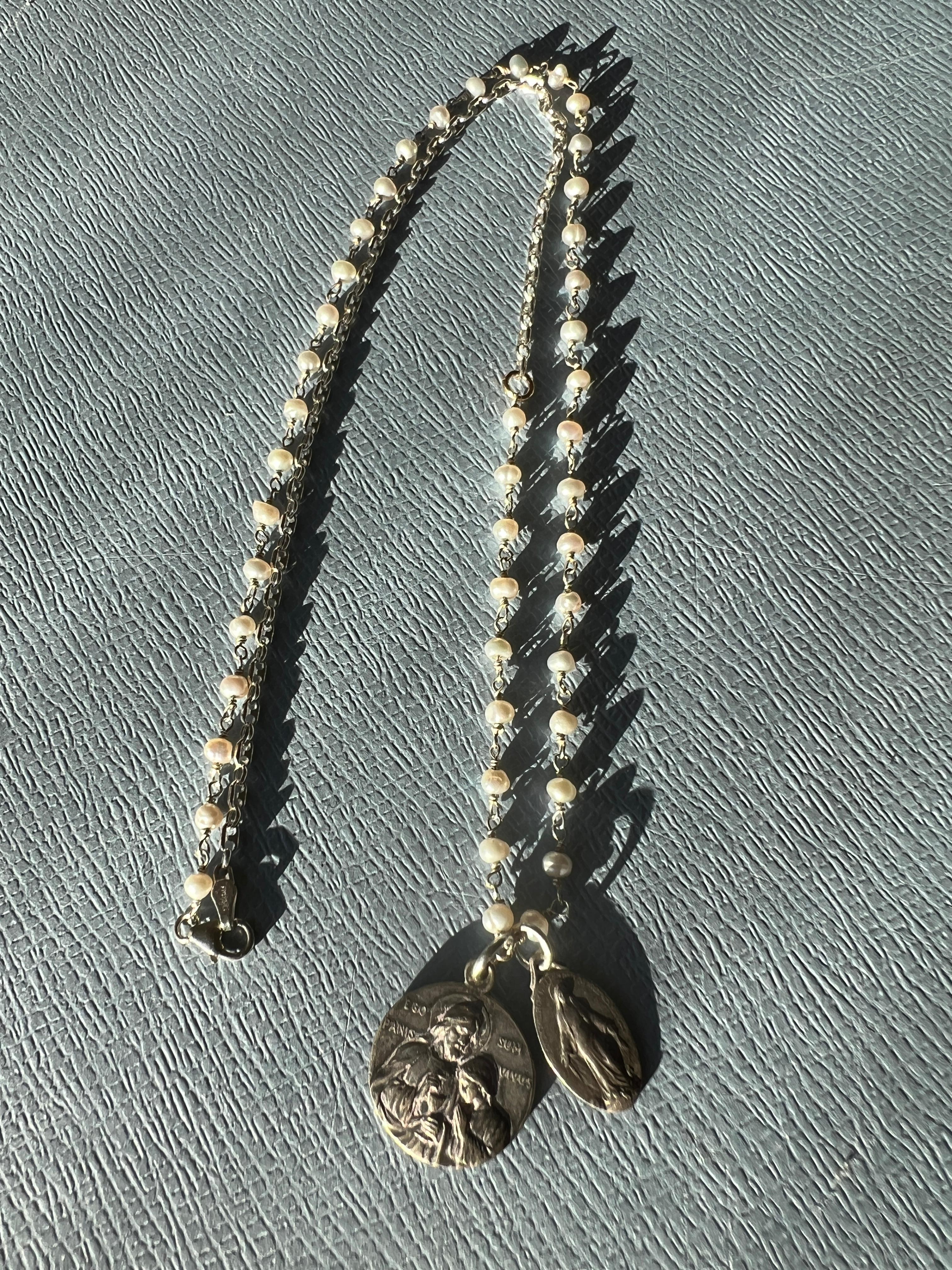 Women's Pearl Rosario Chain Necklace Virgin Mary French