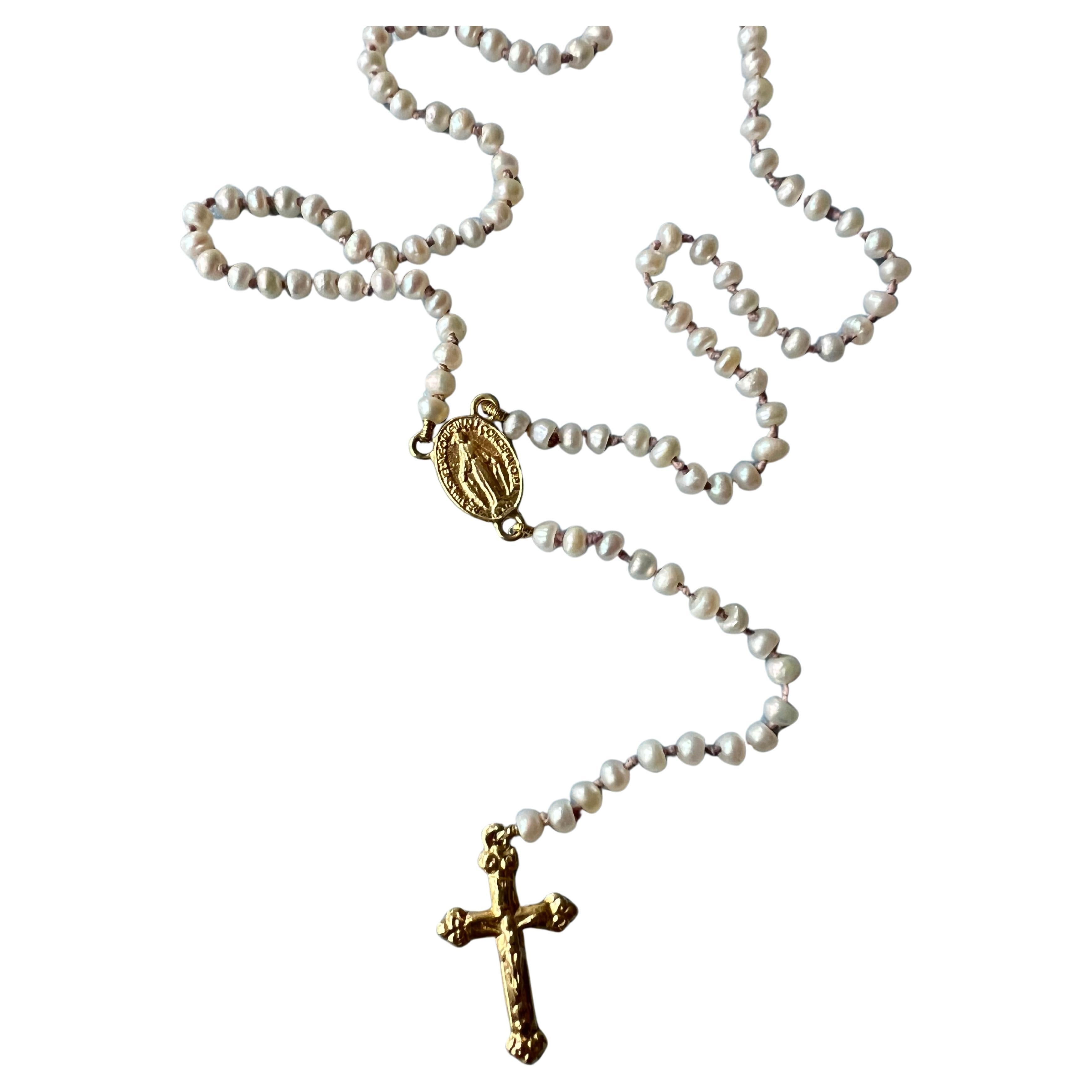Rosario Necklace Pearl Gold Virgin Mary Cross

Length around the neck is 24