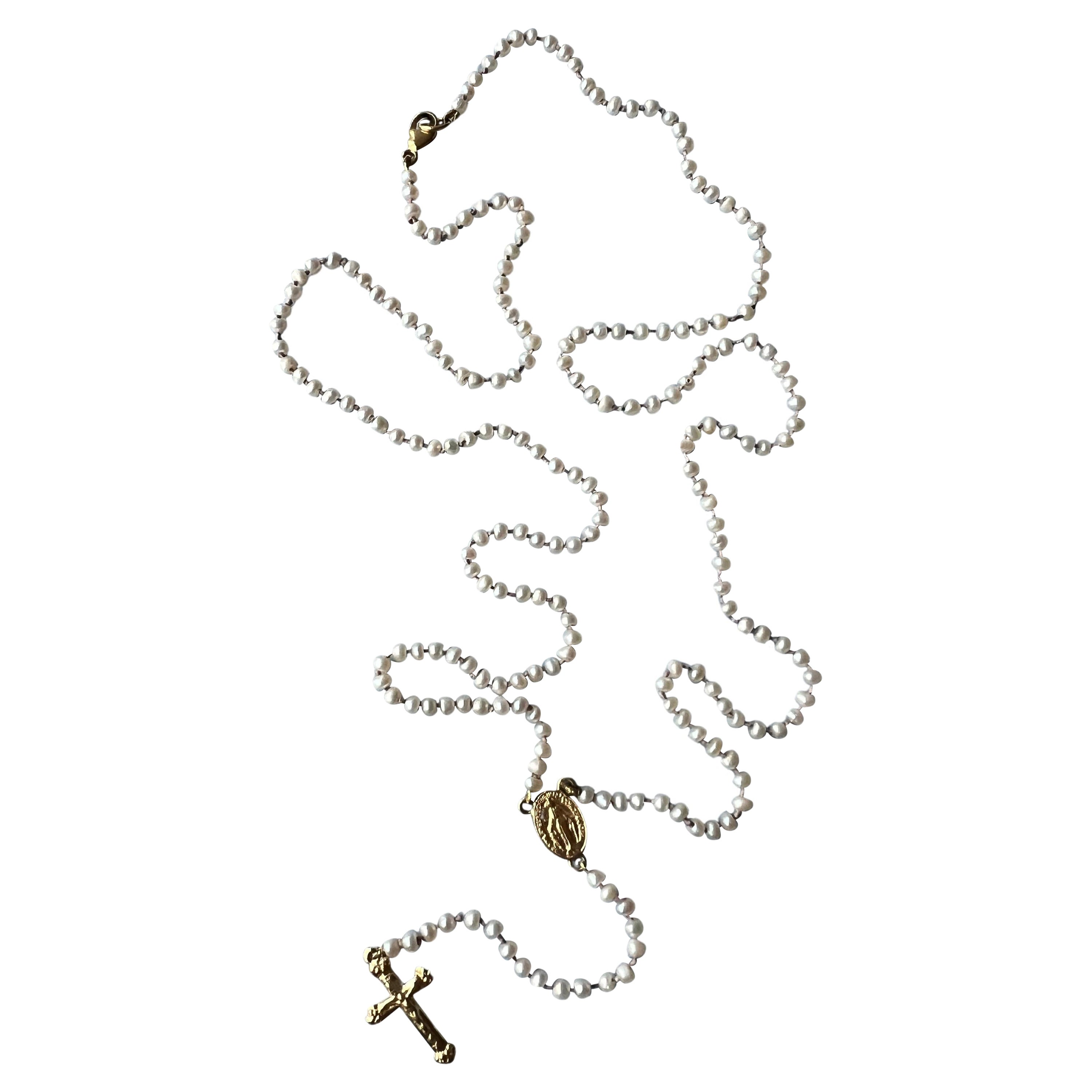Victorian Pearl Rosario Necklace Gold Virgin Mary Cross For Sale