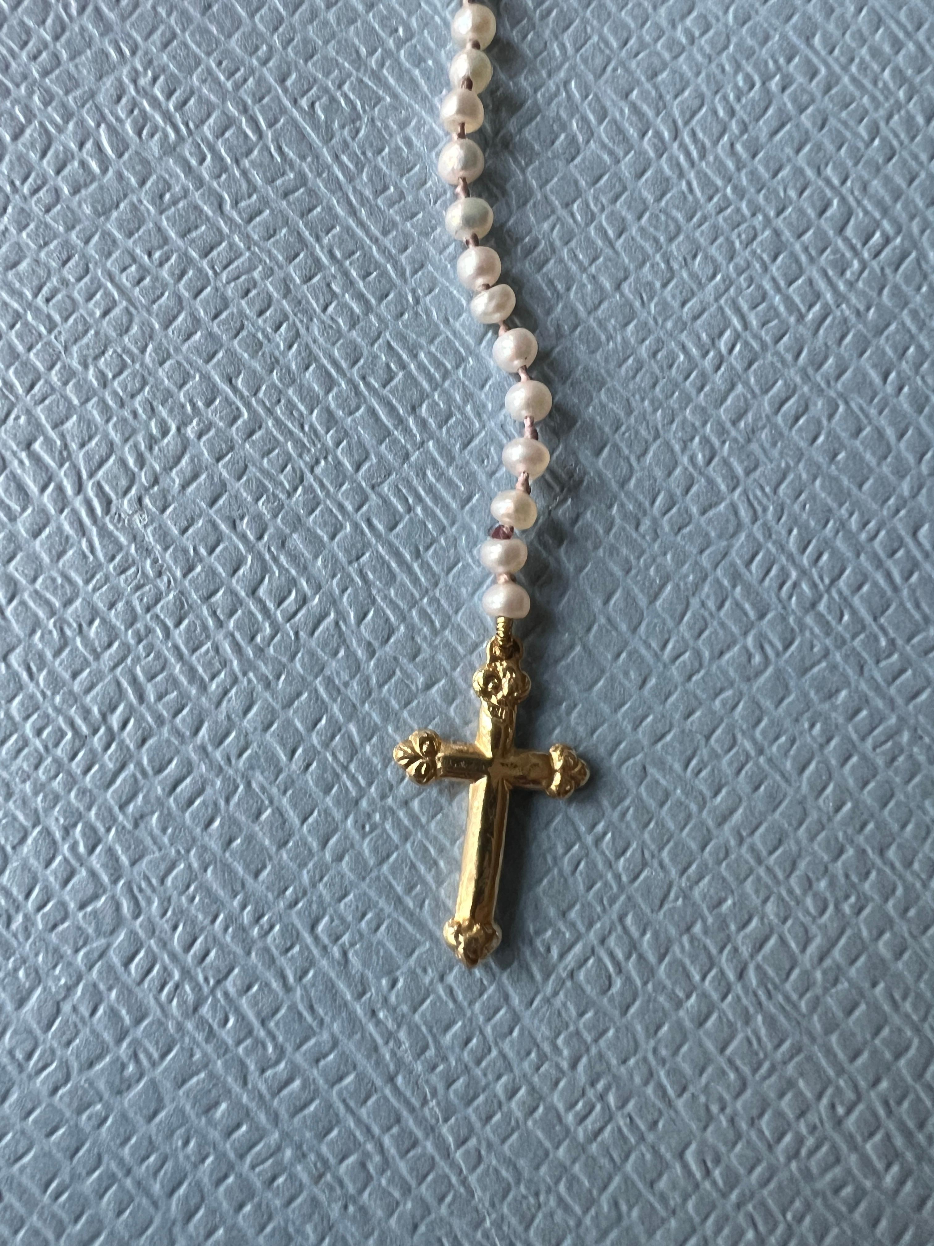 Pearl Rosario Necklace Gold Virgin Mary Cross For Sale 1
