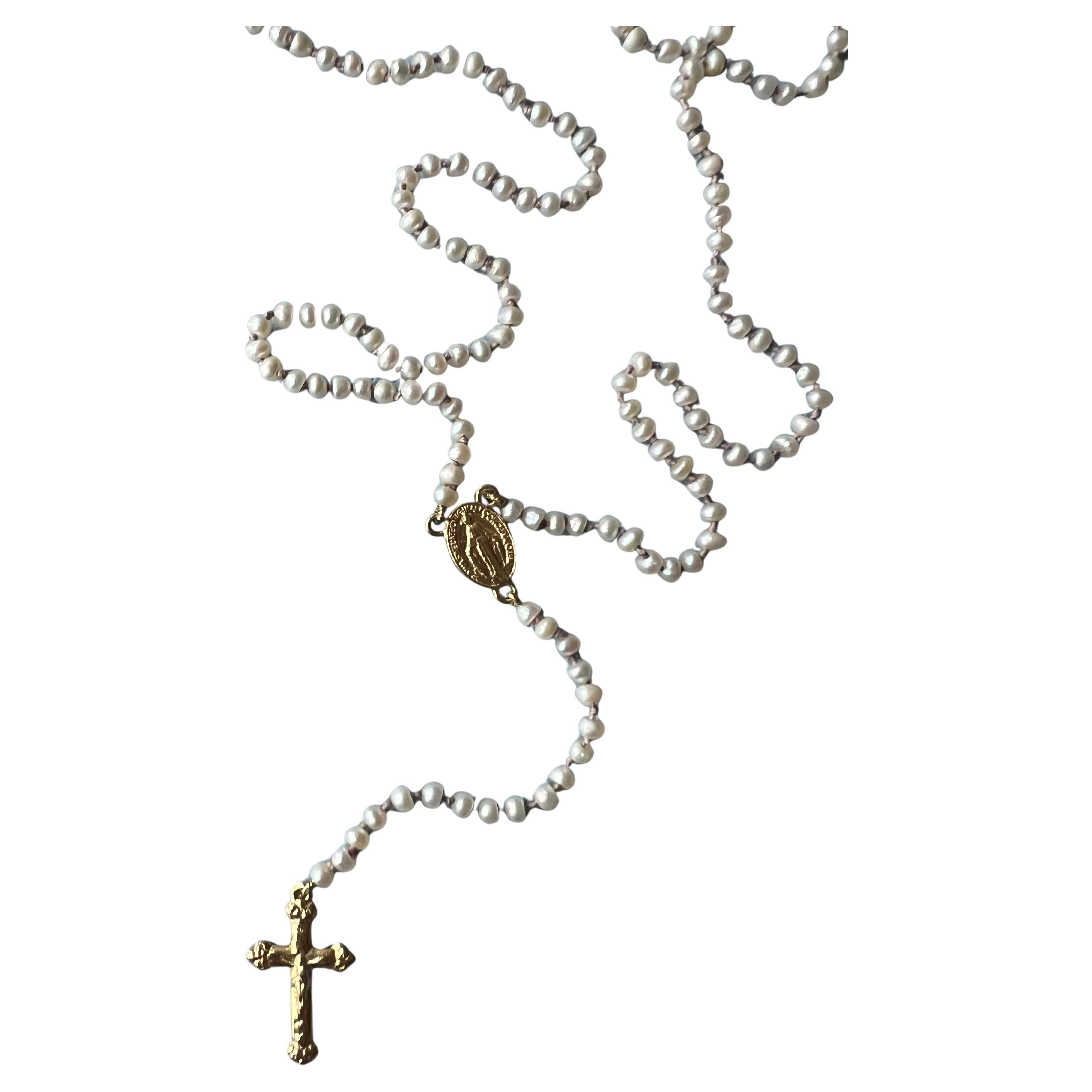 Collar Rosario Perla Cruz Virgen María Oro