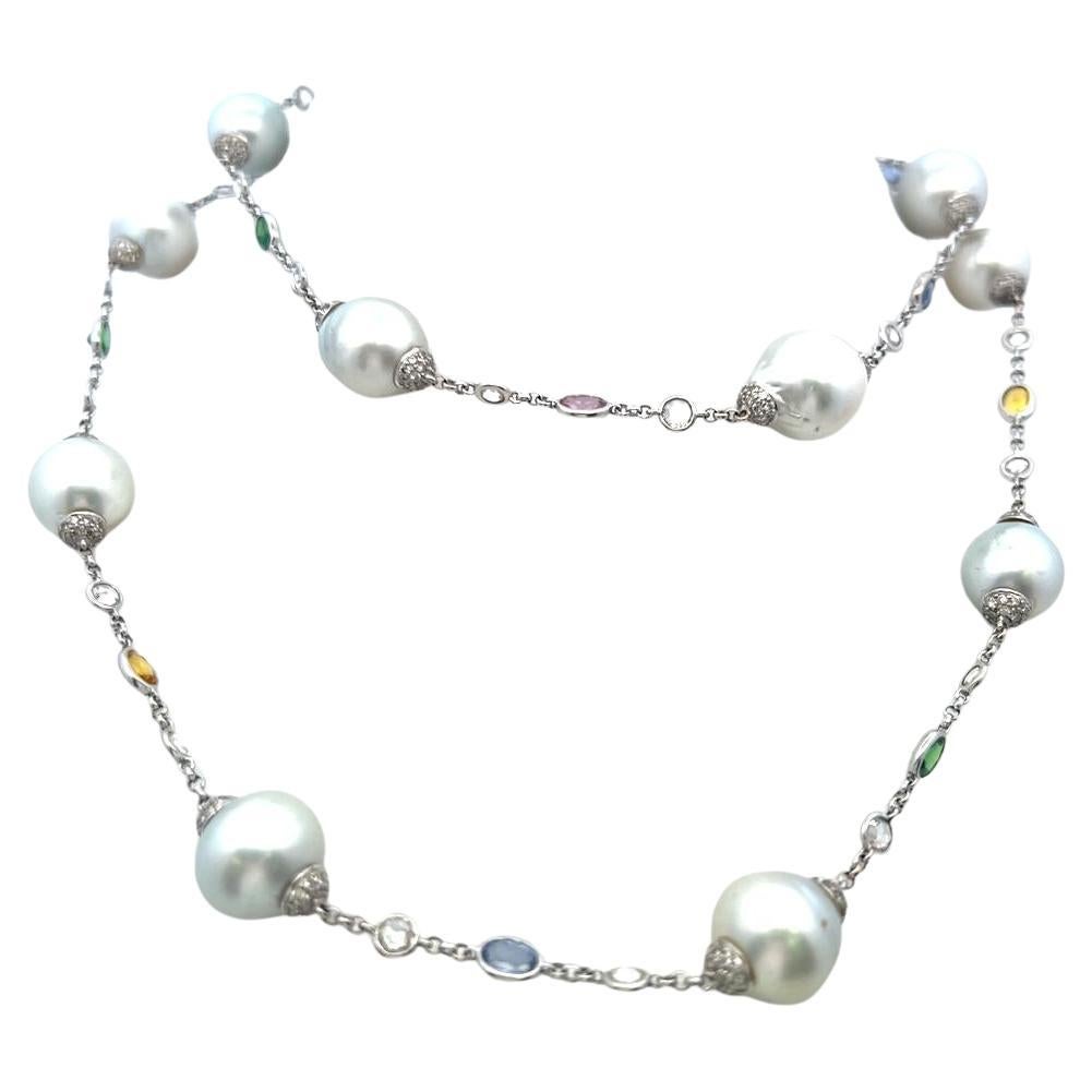 Collana Station con perle, diamanti taglio rosa e più gemme in oro bianco 18 carati (32,5")