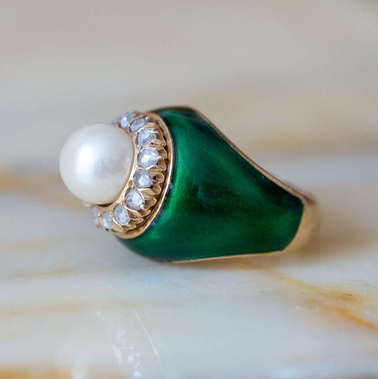 Rose Cut Pearl & Rose cut Diamonds Green Enamel Ring For Sale