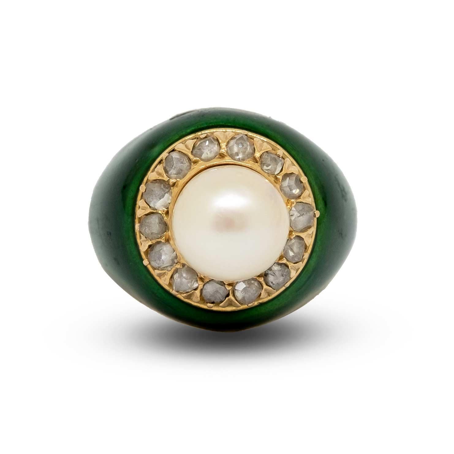 Pearl & Rose cut Diamonds Green Enamel Ring In Good Condition For Sale In Milano, MI