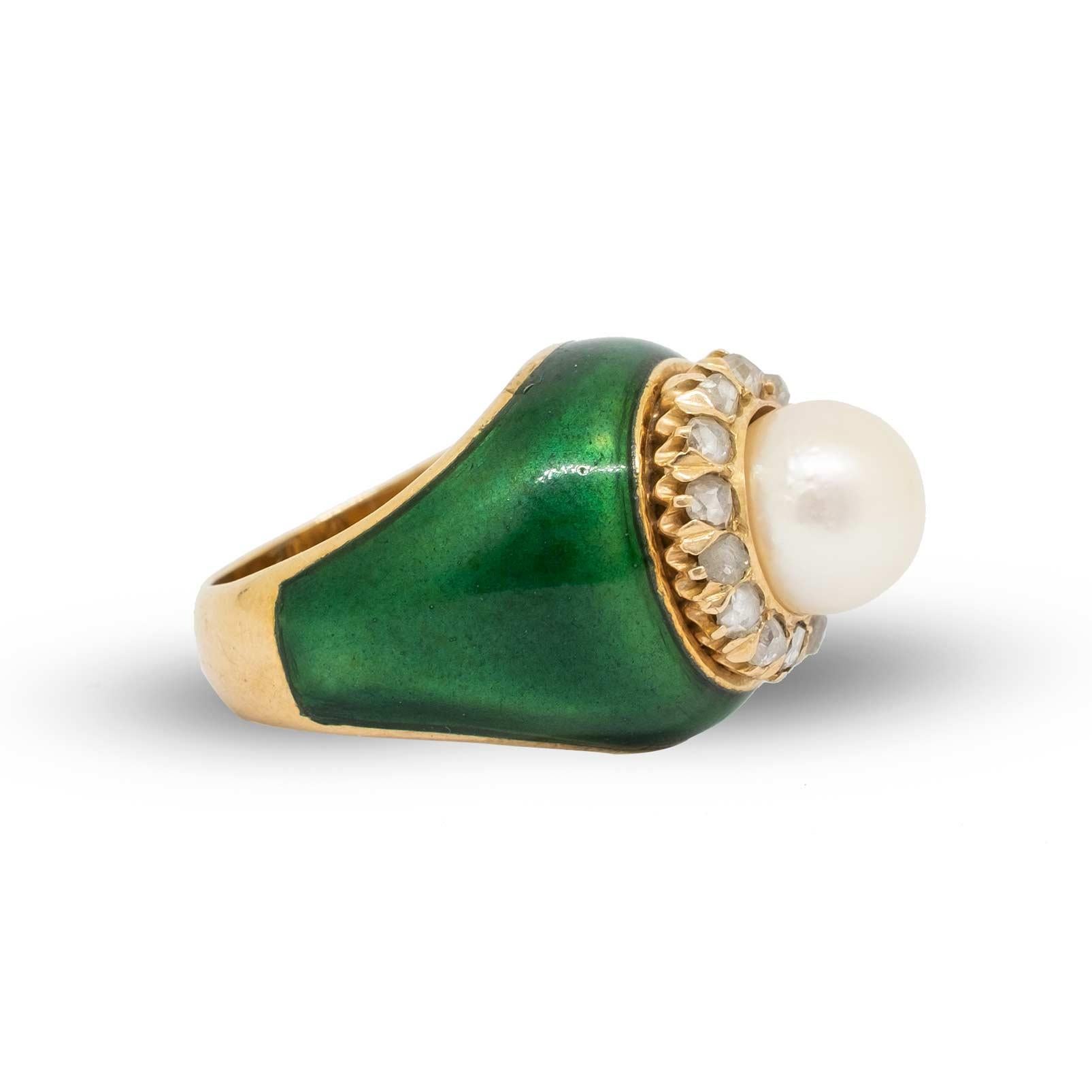 Pearl & Rose cut Diamonds Green Enamel Ring For Sale 1