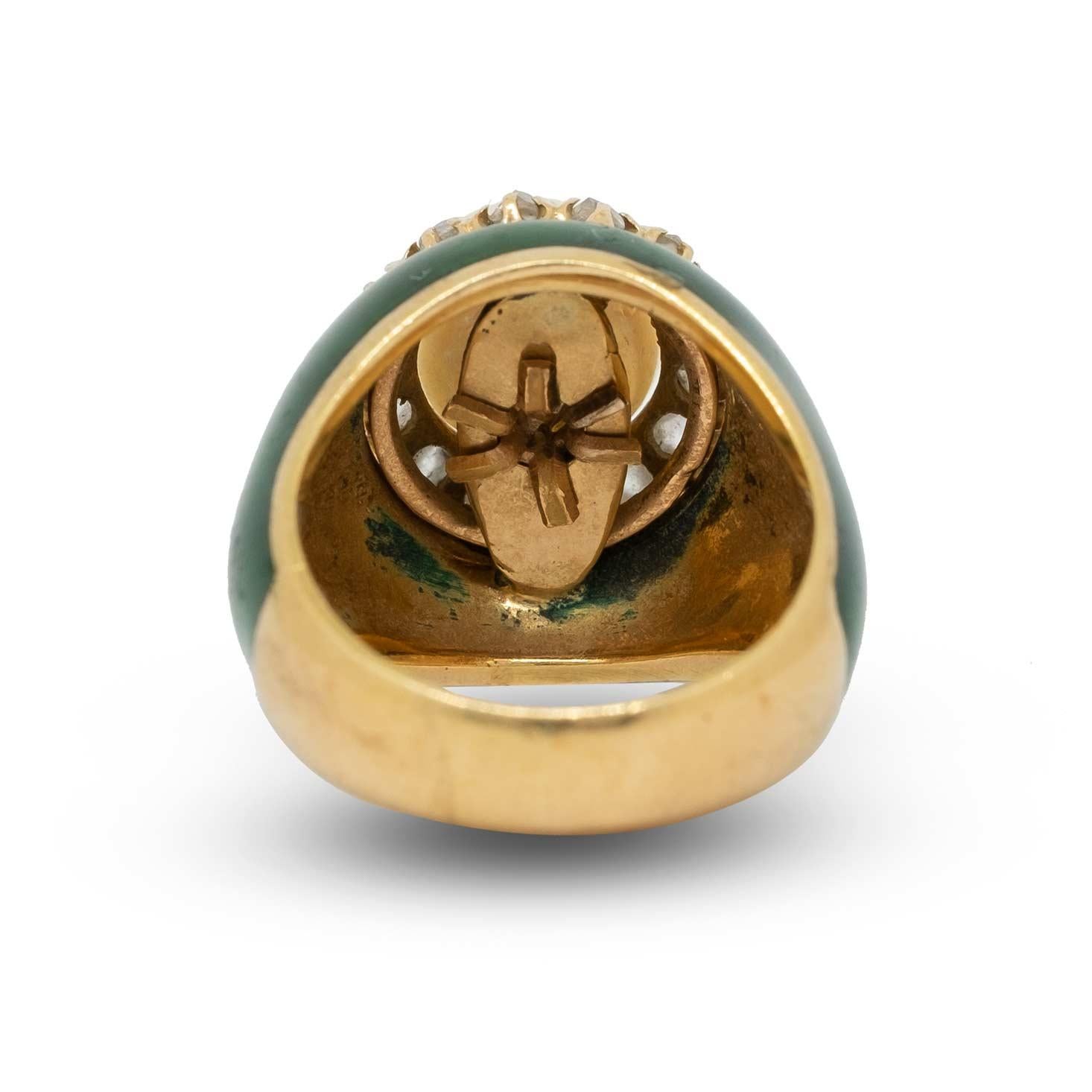Pearl & Rose cut Diamonds Green Enamel Ring For Sale 2