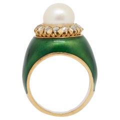 Anillo Esmalte Verde Perla y Diamantes talla Rosa