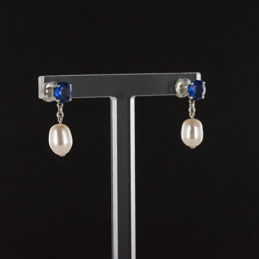 Pearl Royal Blue Sapphire Gold Drop Earrings 3