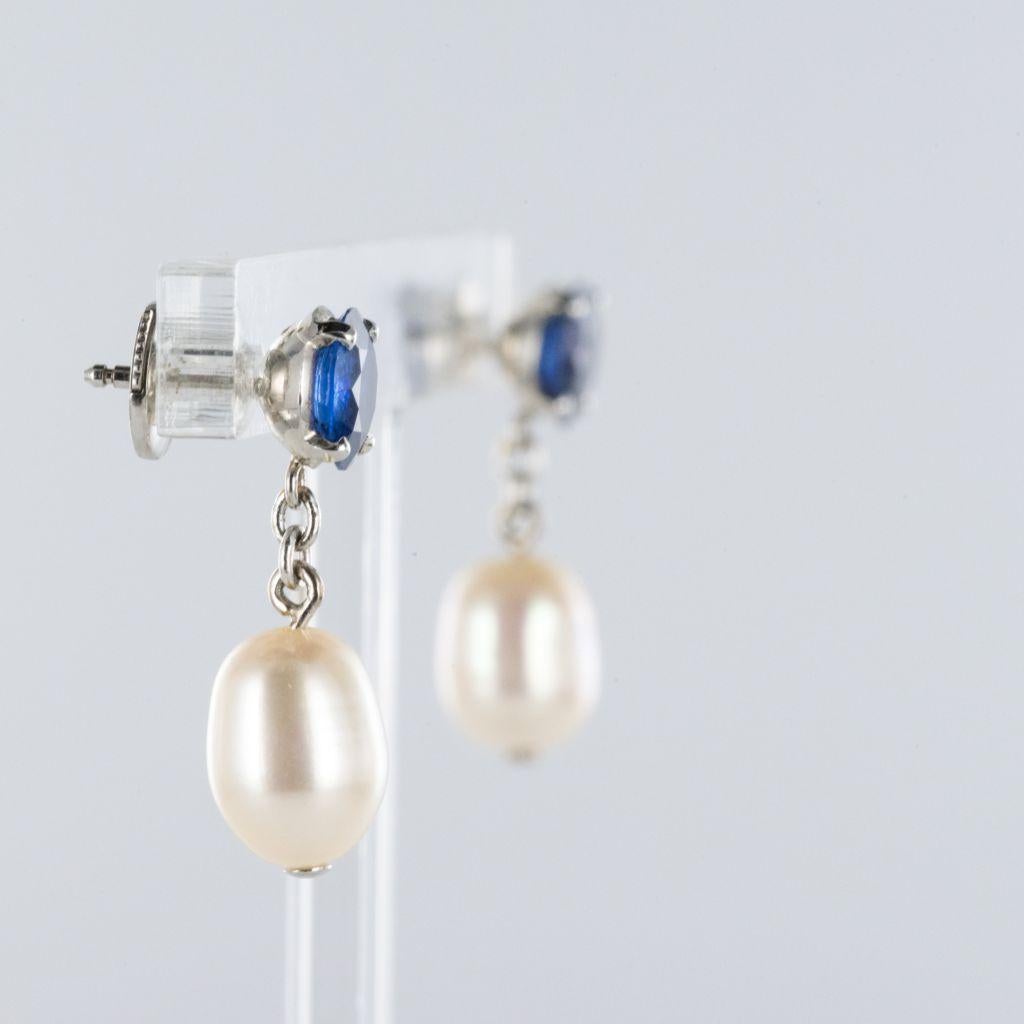 Pearl Royal Blue Sapphire Gold Drop Earrings 4