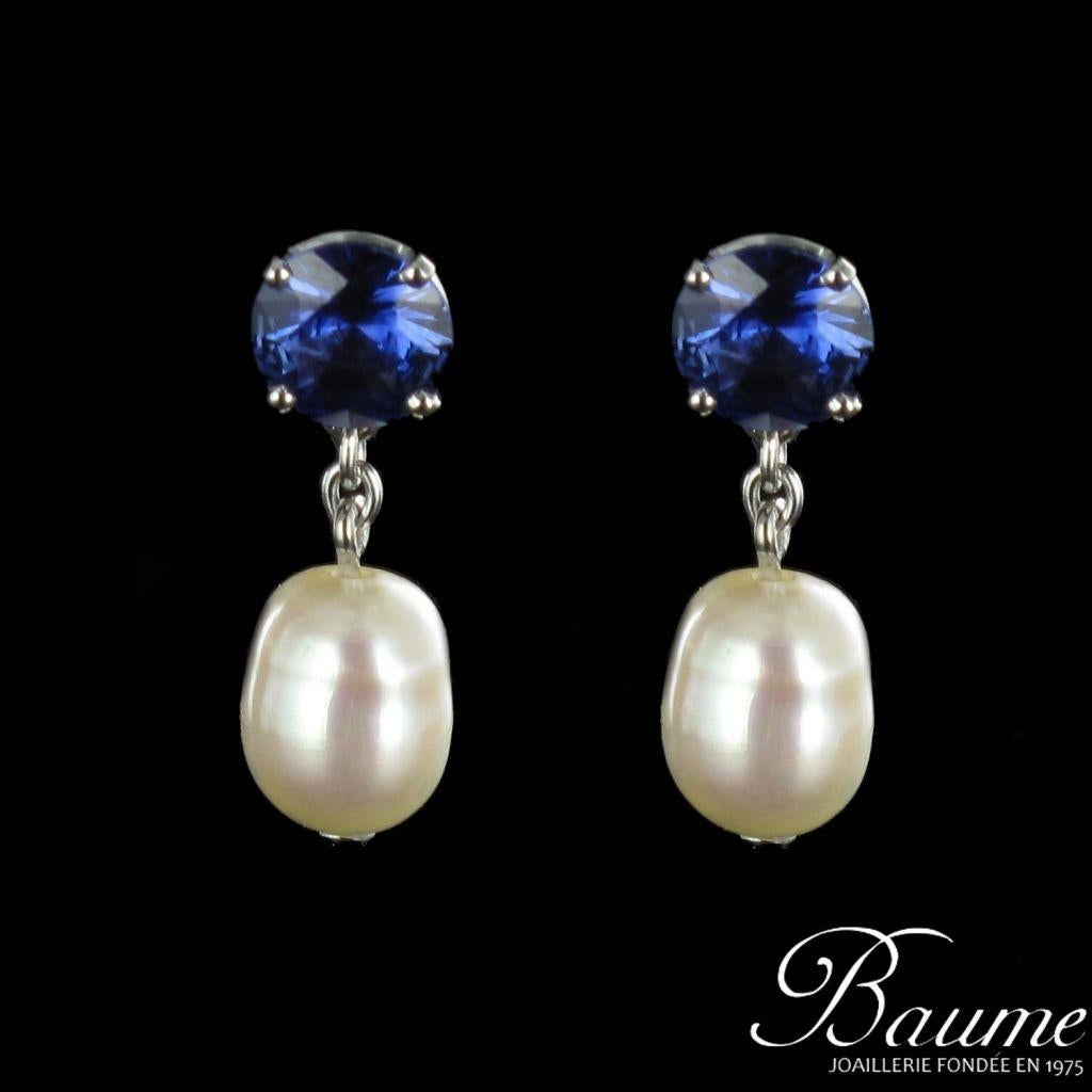 Pearl Royal Blue Sapphire Gold Drop Earrings 6