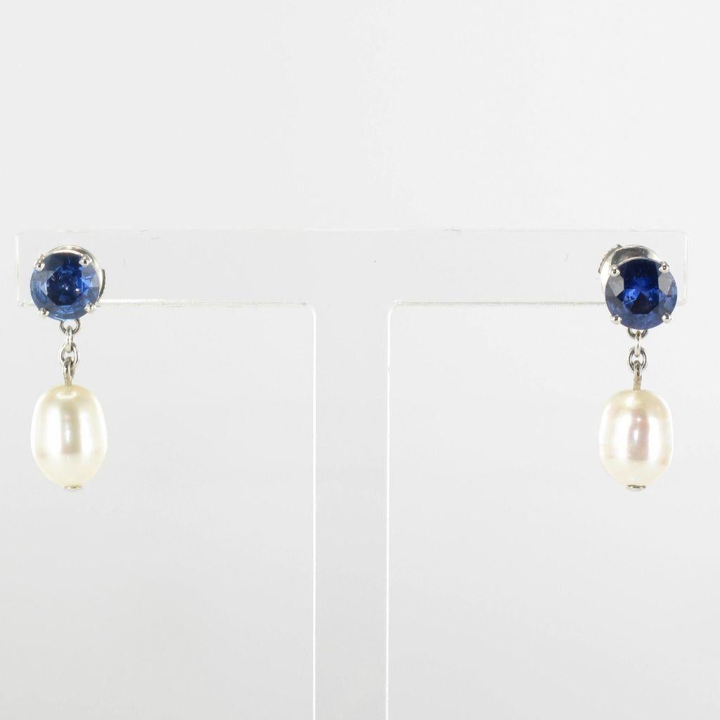 Pearl Royal Blue Sapphire Gold Drop Earrings 7