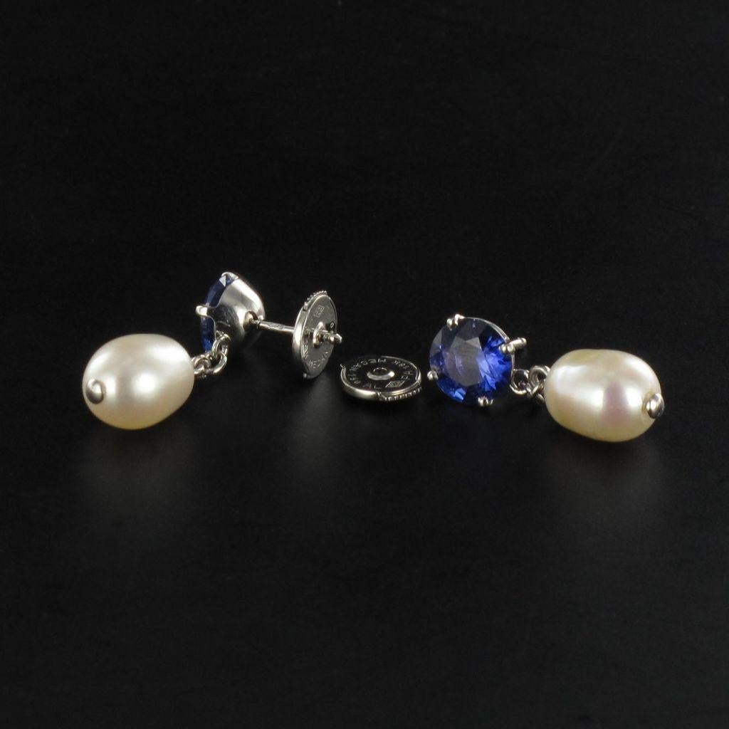 Pearl Royal Blue Sapphire Gold Drop Earrings 8