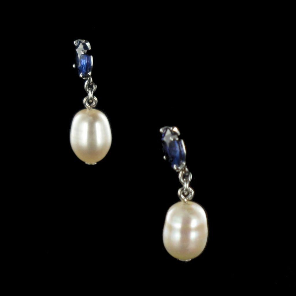 Pearl Royal Blue Sapphire Gold Drop Earrings 9