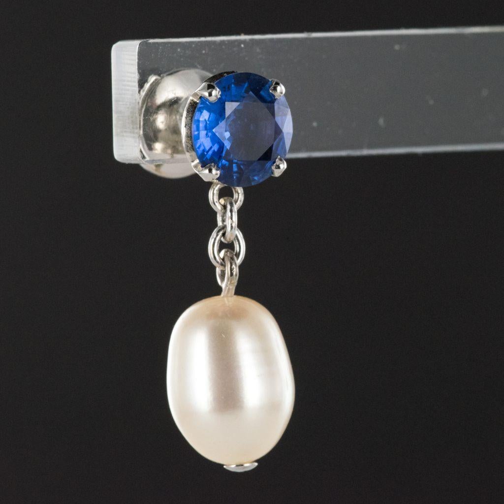 Pearl Royal Blue Sapphire Gold Drop Earrings In New Condition In Poitiers, FR