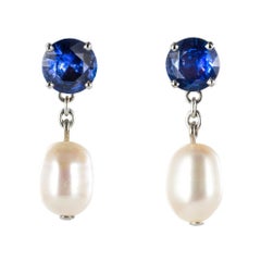 Pearl Royal Blue Sapphire Gold Drop Earrings