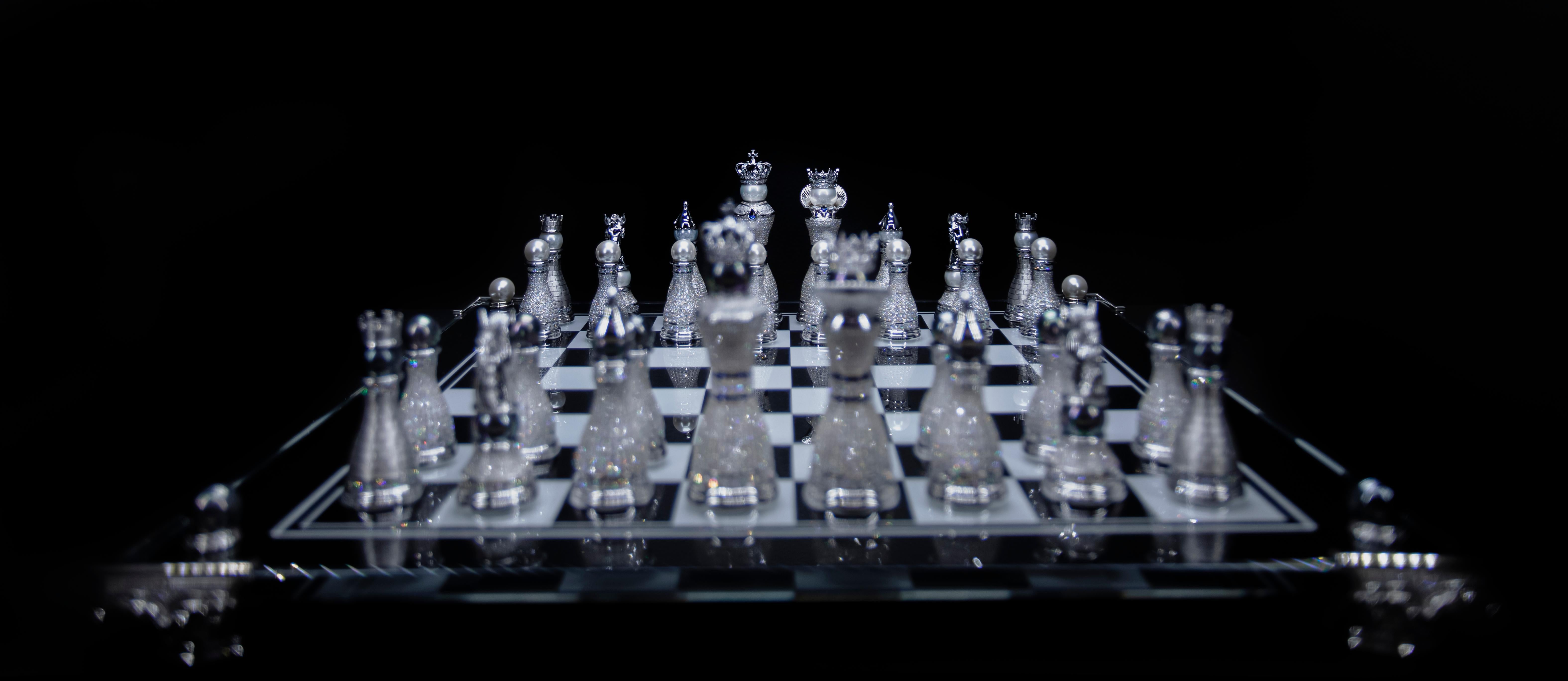 Precious Stone Pearl Royale 18K White Gold, Diamond, Sapphire and South Sea Pearl Chess Set For Sale