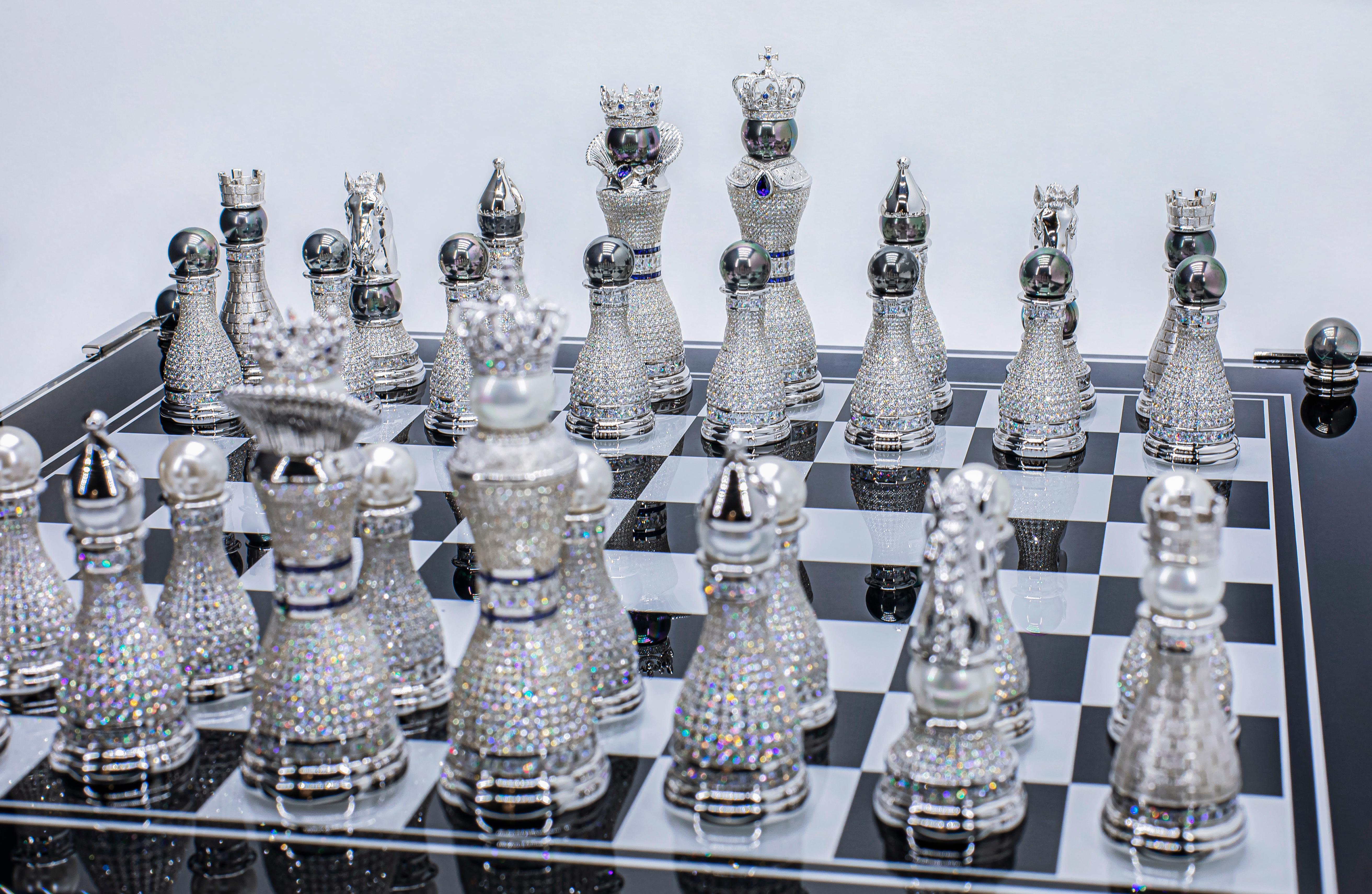Pearl Royale 18K White Gold, Diamond, Sapphire and South Sea Pearl Chess Set For Sale 2