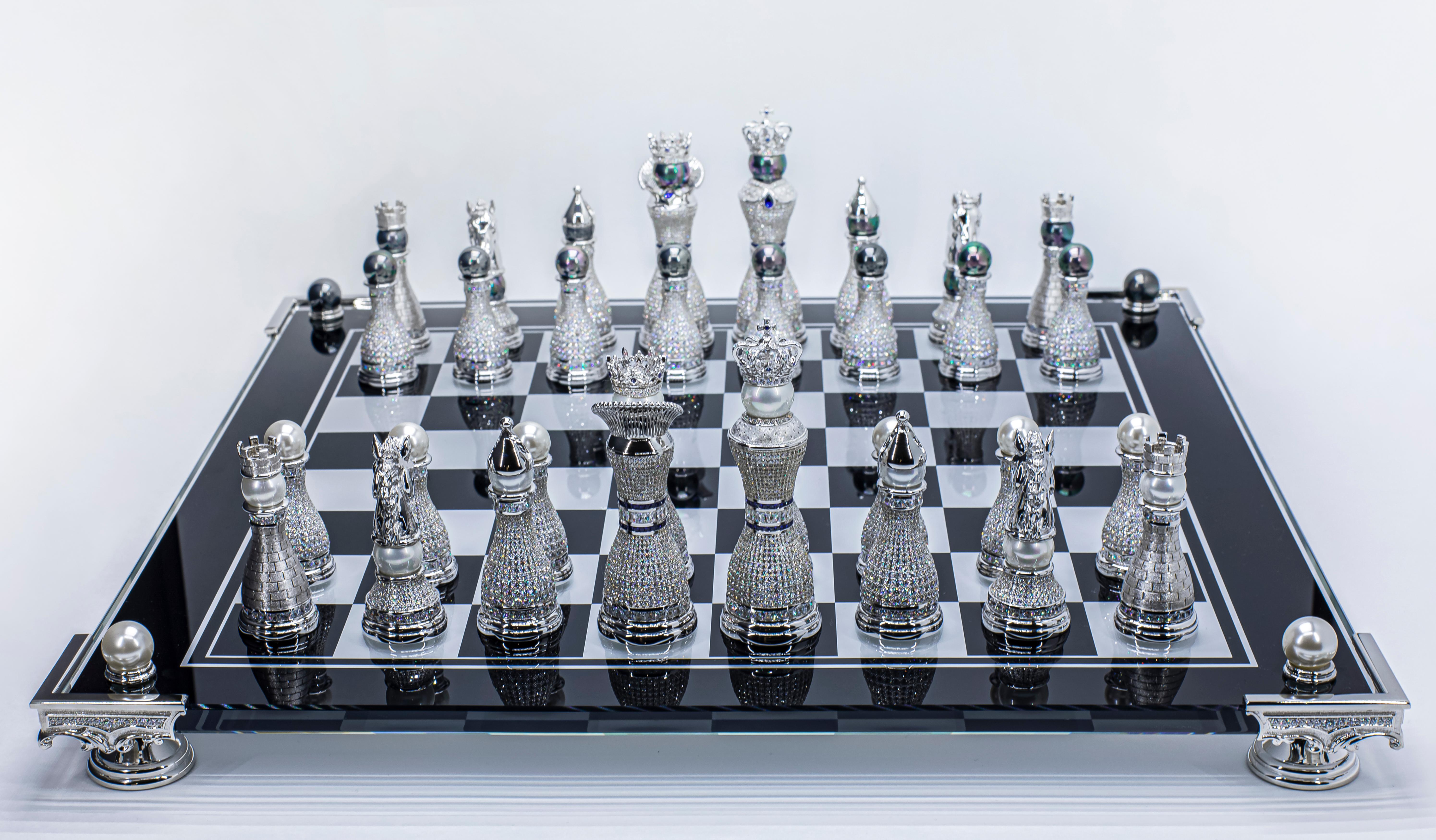 Pearl Royale 18K White Gold, Diamond, Sapphire and South Sea Pearl Chess Set For Sale 6