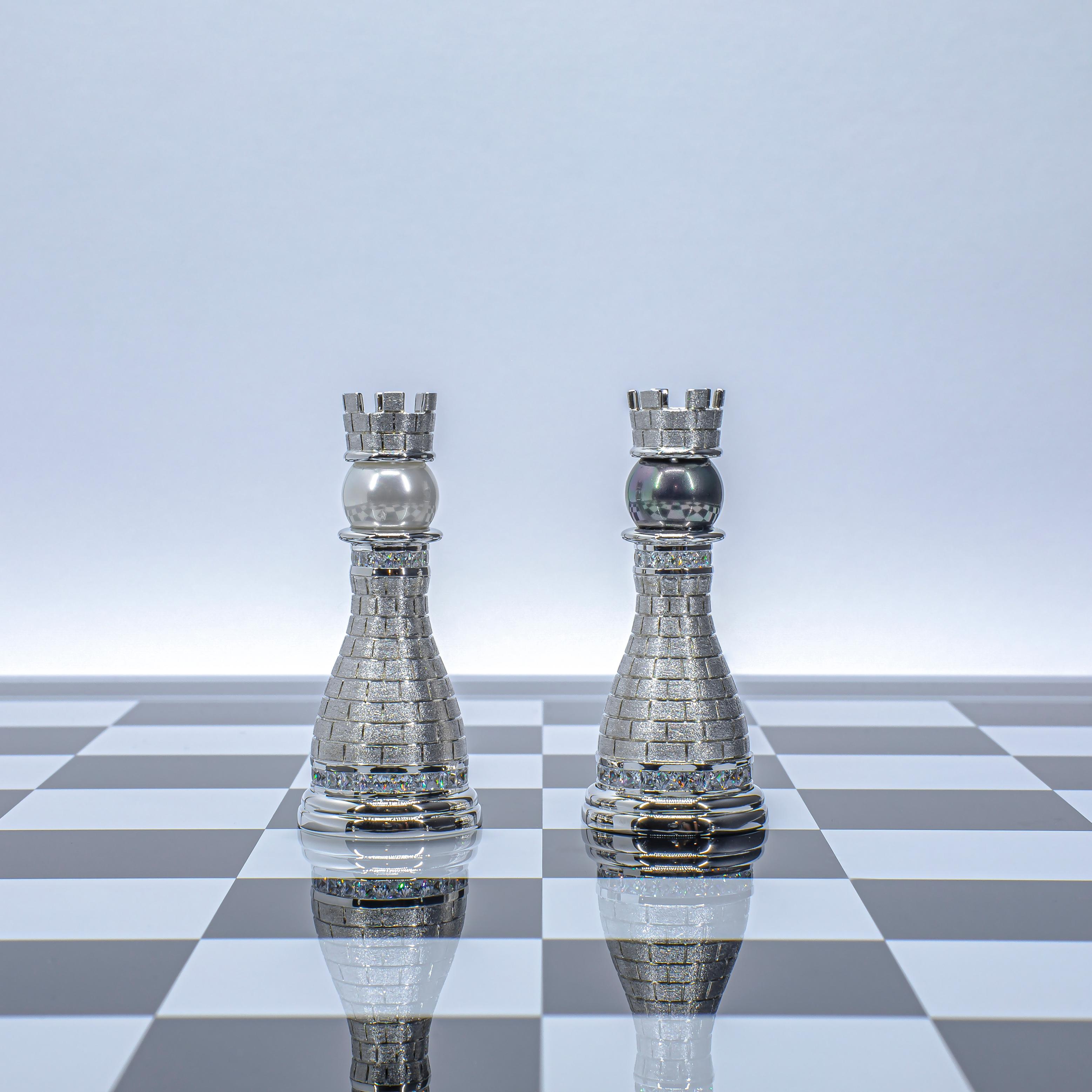 Hand-Crafted Pearl Royale 18K White Gold, Diamond, Sapphire and South Sea Pearl Chess Set For Sale