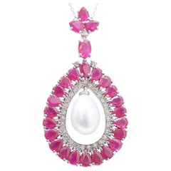 Pearl, Rubies, Diamonds, 14 Karat White Gold Pendant.