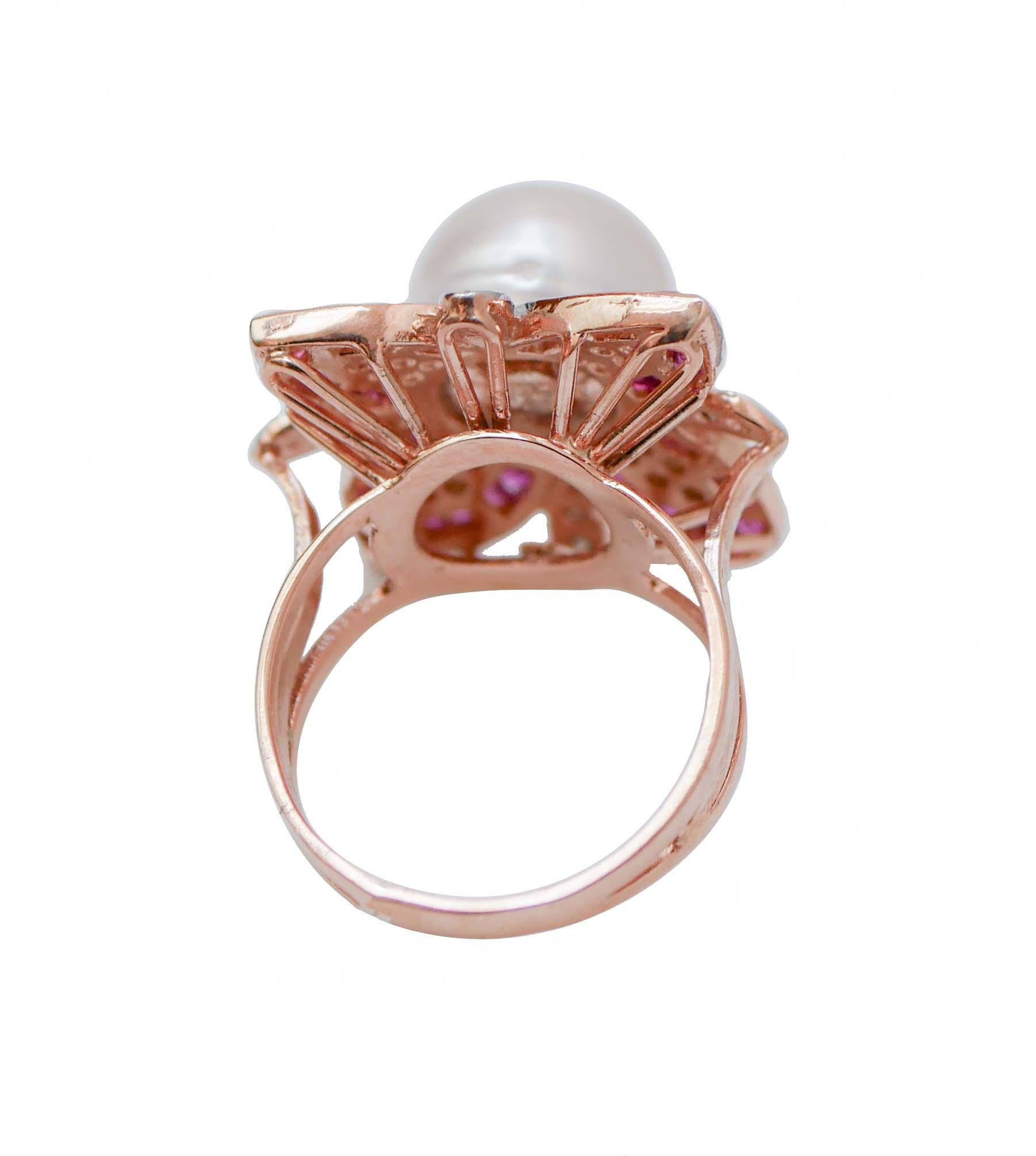 Retro Pearl, Rubies, Diamonds, Rose Gold and Silver  Ring. For Sale