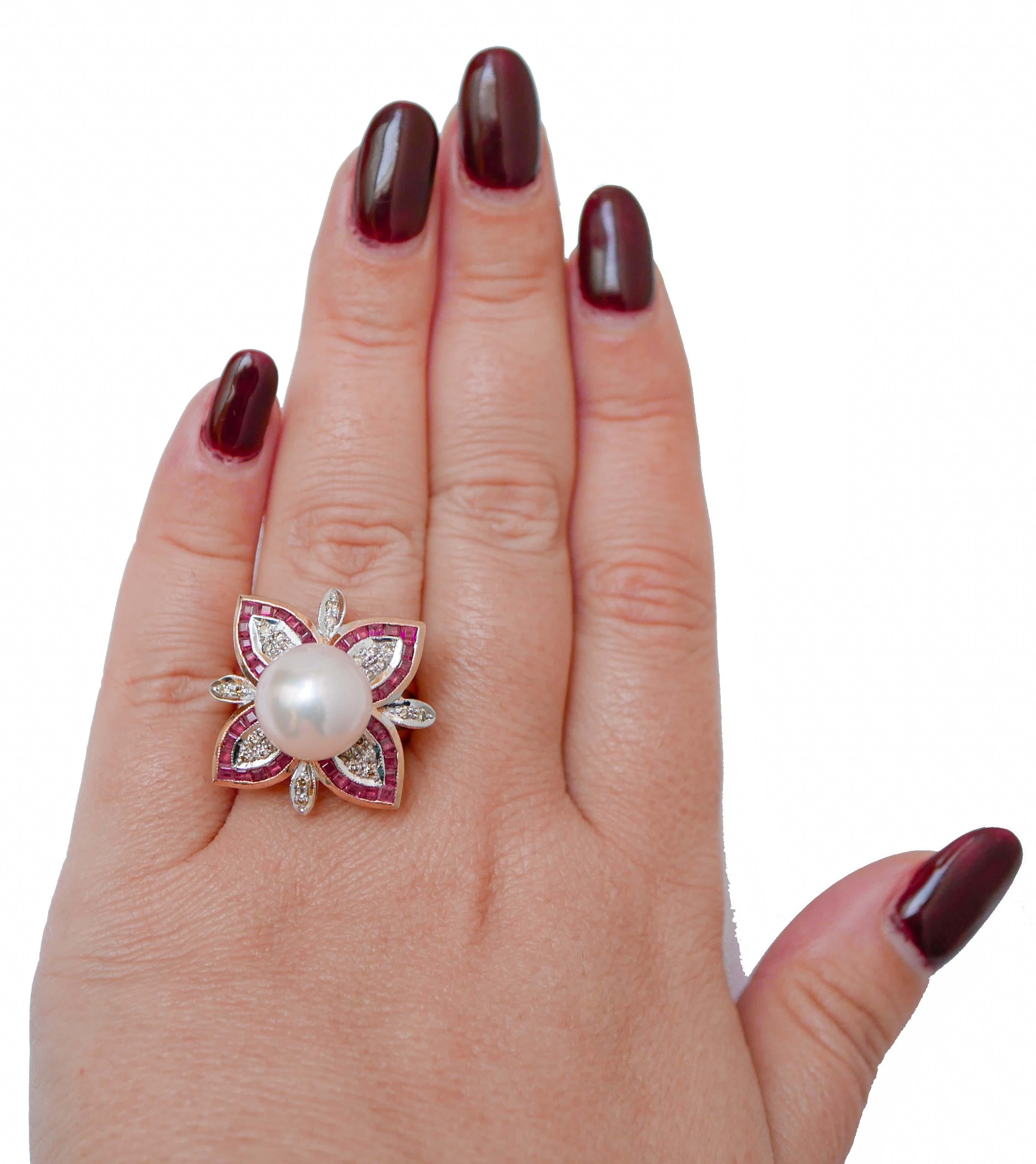 Mixed Cut Pearl, Rubies, Diamonds, Rose Gold and Silver  Ring. For Sale
