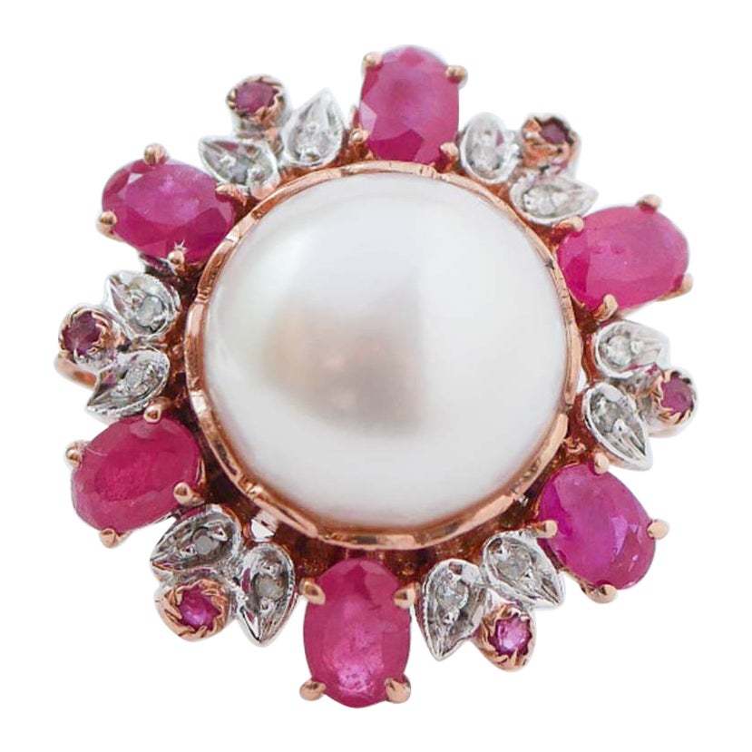 Pearl, Rubies, Diamonds, Rose Gold and Silver Ring.