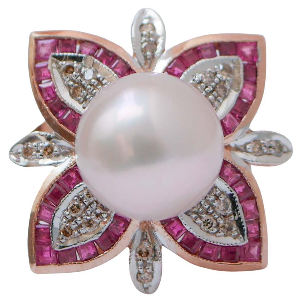Pearl, Rubies, Diamonds, Rose Gold and Silver  Ring. For Sale