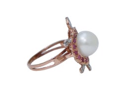 Pearl, Rubies, Diamonds, Rose Gold and Silver Turtle Ring.