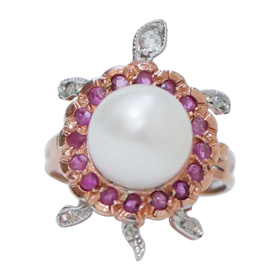 Pearl, Rubies, Diamonds, Rose Gold and Silver Turtle Ring.