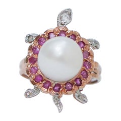 Pearl, Rubies, Diamonds, Rose Gold and Silver Turtle Ring.