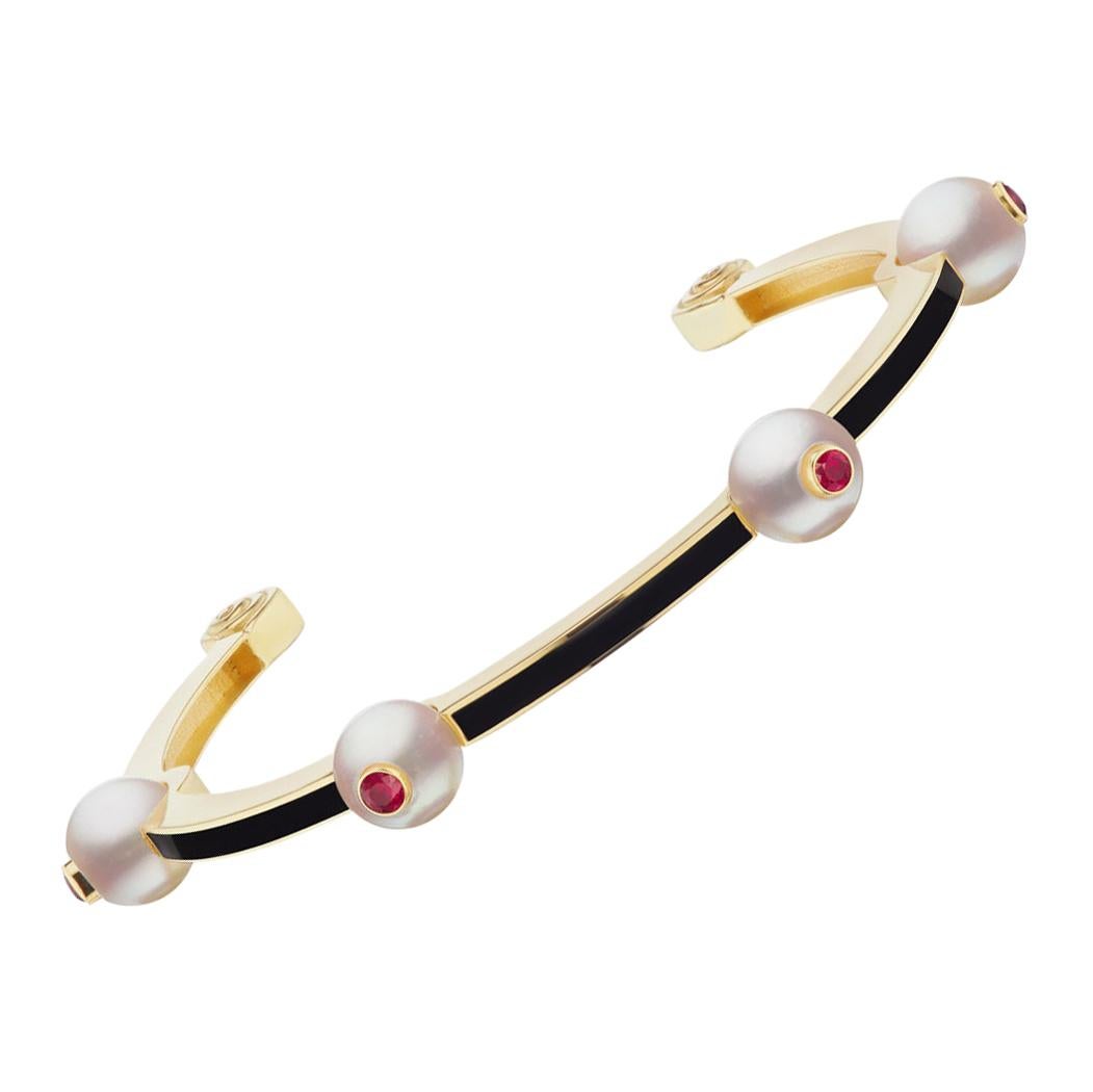 Pearl, Ruby and Black Enamel 18 Karat Yellow Gold Bangle by Andrew Glassford
